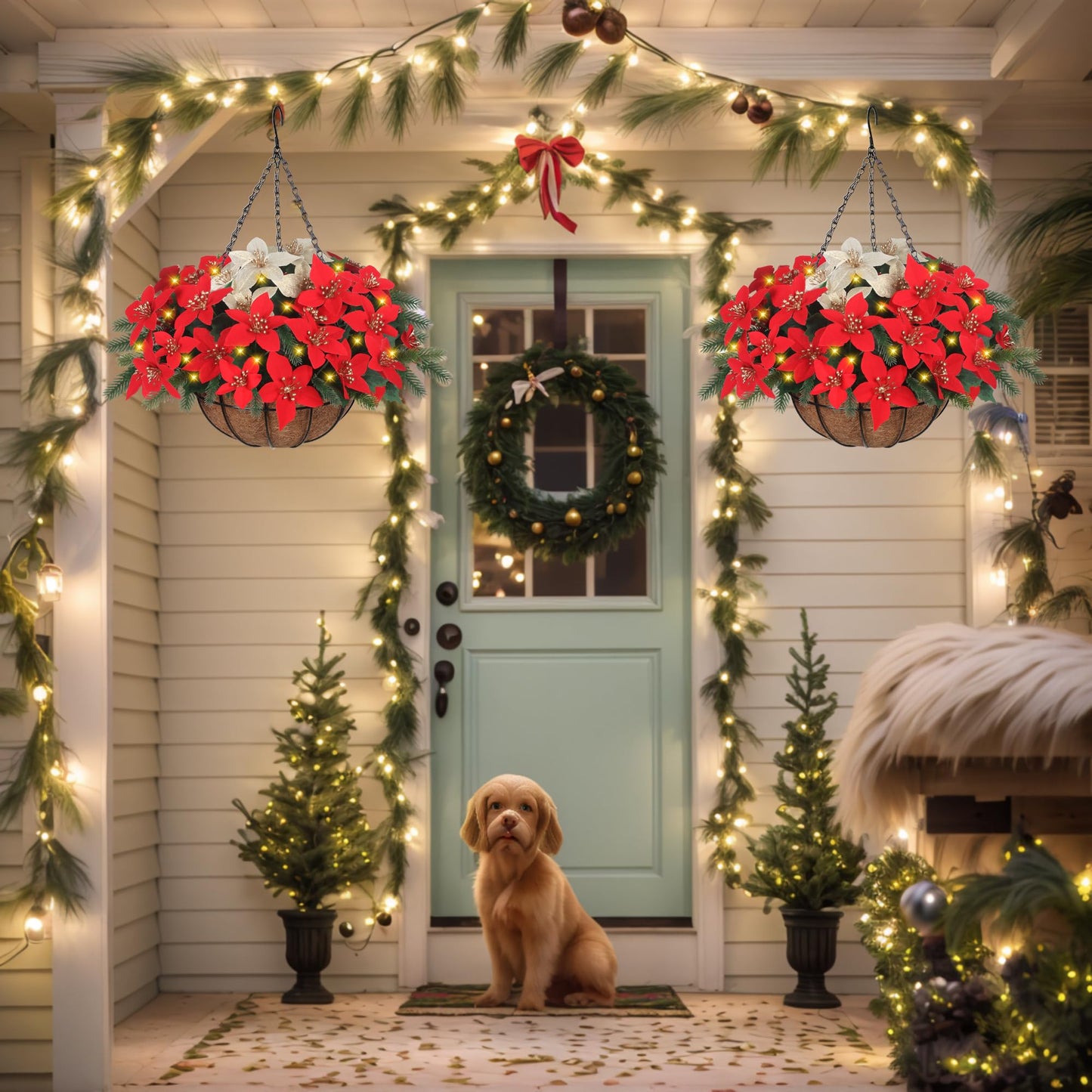 Florielle Artificial Fake Christmas Hanging Flowers Plants Basket with LED Lights, Faux Poinsettia, Pine Branches, for Outdoor New Year Xmas Decoration, Porch Home Holiday Decor (Green Pine Branches)