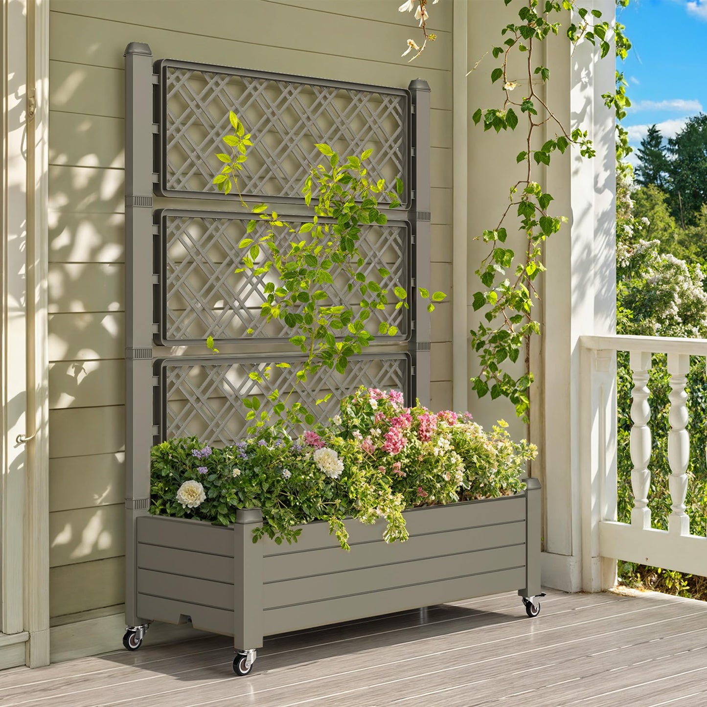 DWVO 3.6 x 1.5 x 5 FT Raised Garden Bed with Trellis, Large Outdoor Planter Trellis Box with Drainage Holes and Wheels for Climbing Plants, Light Brown