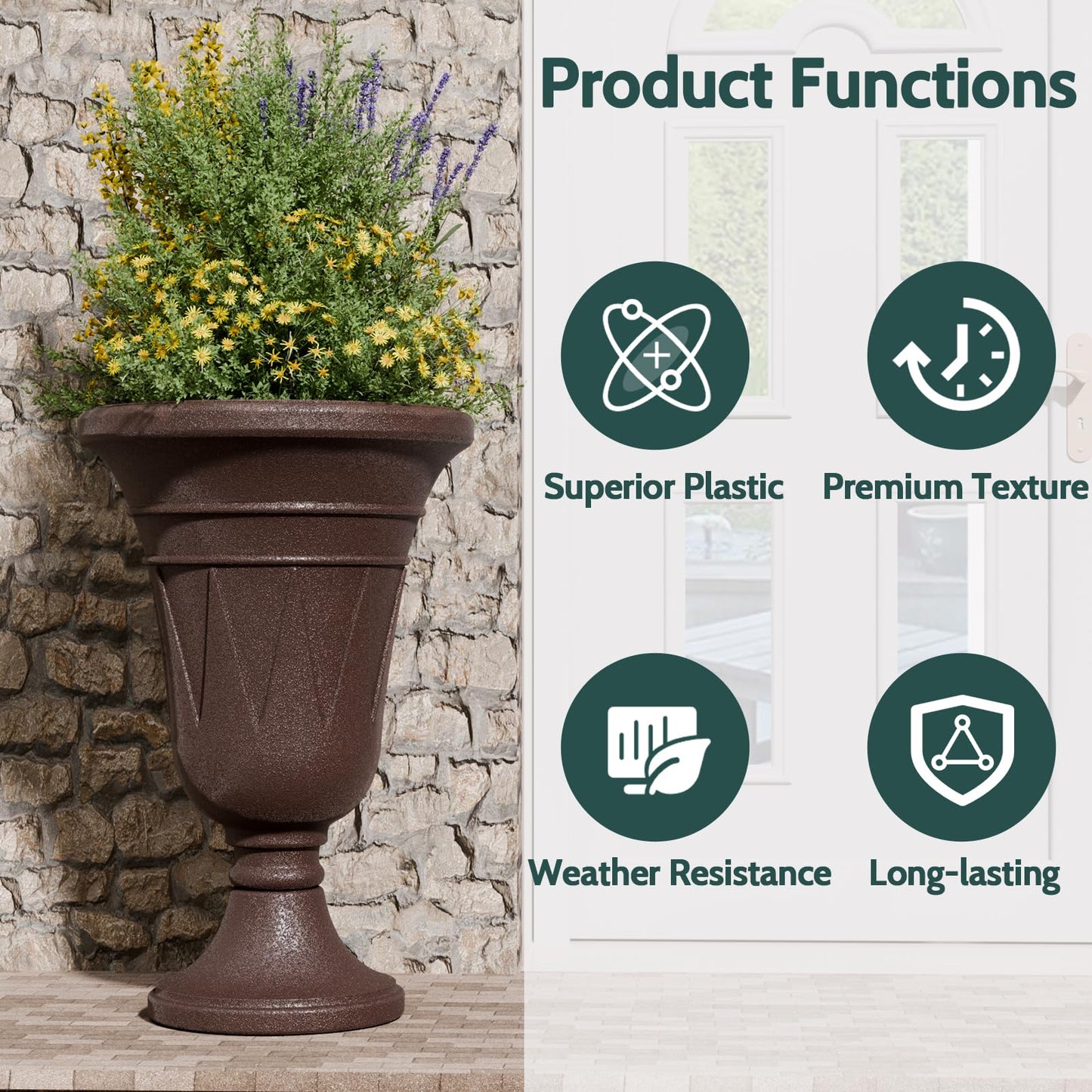 Trygoal 23.6" Tall Plastic Urn Planters for Outdoor Plants, Set of 2 Heavy-Duty Classic Indoor Large Flower Pots with Drainage Holes & Trophy Design, Outdoor Planters for Porch, Home Garden, Brown