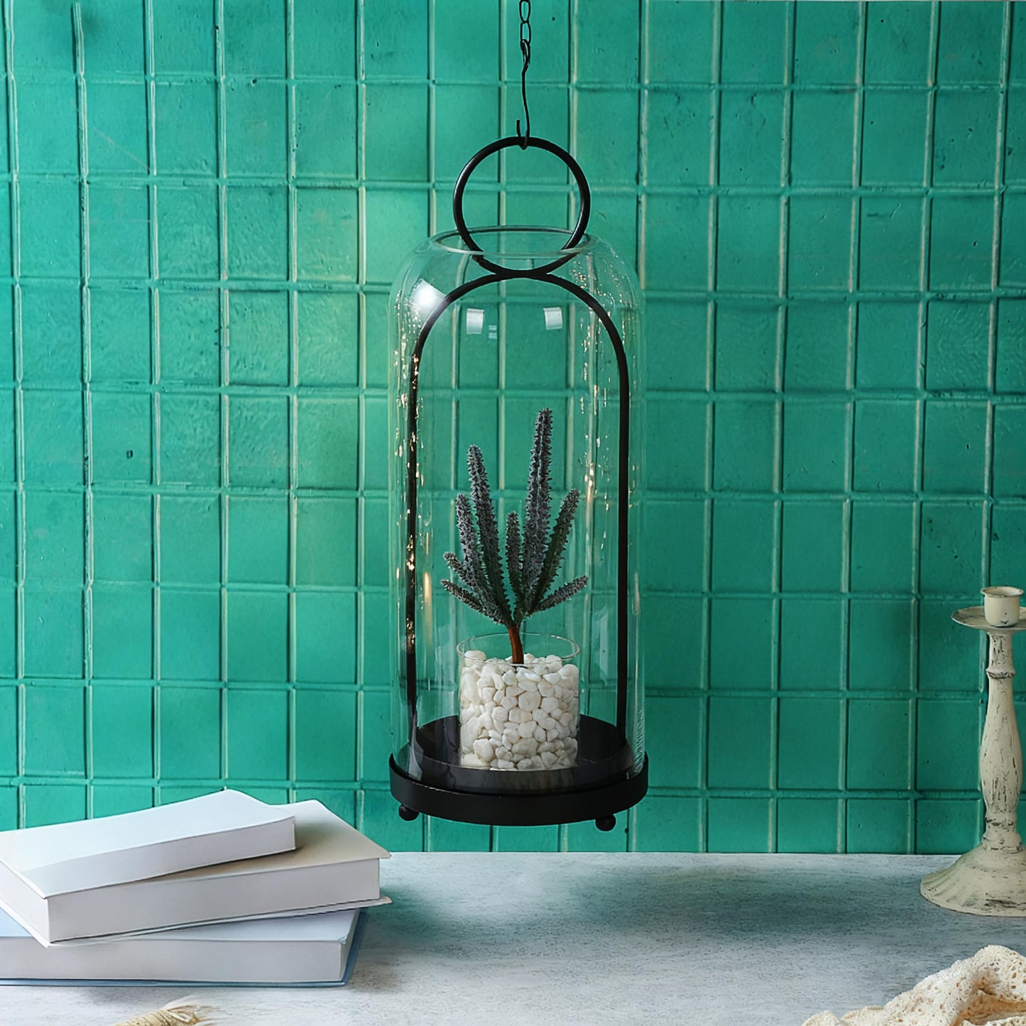 Twakutwaku 20" High Versatile Modern Metal Hurricane Lantern with Handmade Sturdy Glass Dome in Black for Pillar Candle & Plants, Industrial, Farmhouse, Shabby Chic (Black, 7.5"x20")