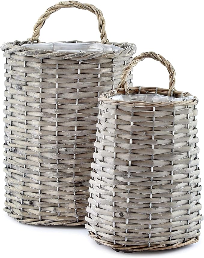 AuldHome Design Wall Hanging Baskets; Woven Wicker Rustic Farmhouse Gray Washed
