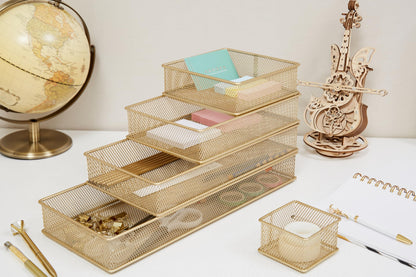 Annova Mesh Stackable Drawer Cabinet and Shelf Organizer Bins Storage Basket School Office Supply Holder Tray- Set of 2 (Gold, 6x9x2 Inch)