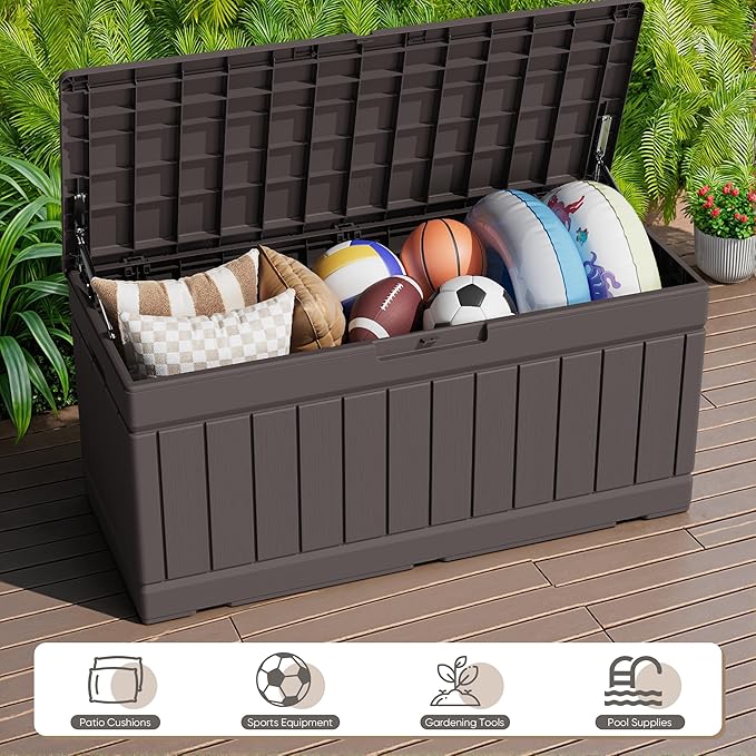 JUMMICO 78 Gallon Outdoor Deck Box Large Resin Storage Box for Patio Furniture Cushions and Garden Tools (Brown)