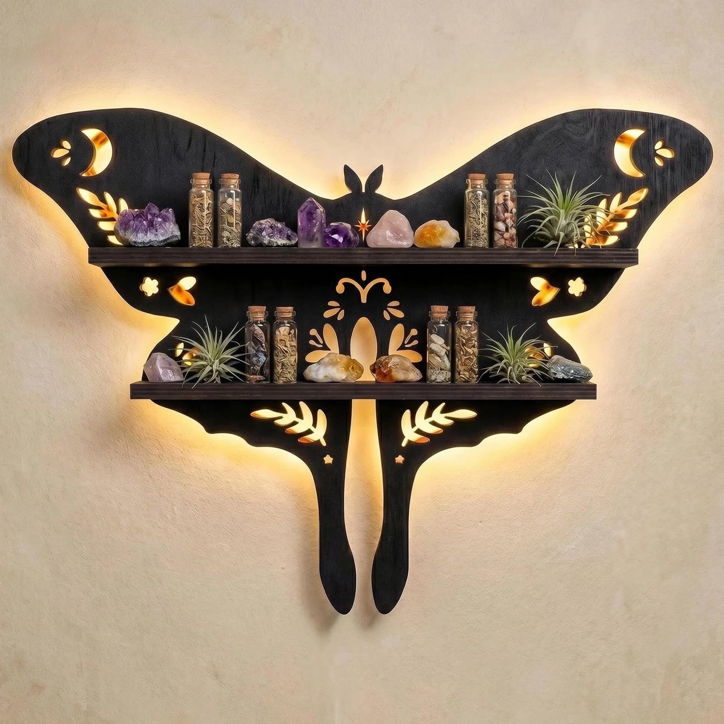 HBSGS Crystal Display Shelf Wall Gothic Shelves with LED Light, Luna Moth Theme, for Trinket, Crystal Rock, Gem, Healing Stone, Essential Oil (Moth-15.7 * 11.8inch/40 * 27.5cm)