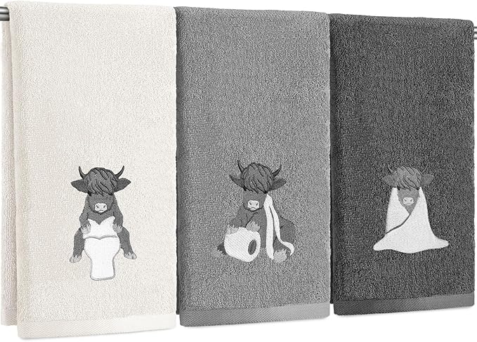 3 Pcs Highland Cow Hand Towels Bathroom Decor Highland Cow White and Gray