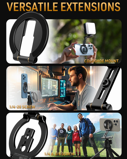 MOSENVKA Dual Magnetic Phone Stand Holder Double Magnetic Phone Holder Ultrathin Foldable 1/4" Screw Tripod Mount for iPhone 16 15 14 13 12 Pro Max Plus Gym Magnet Phone Stand (Black)