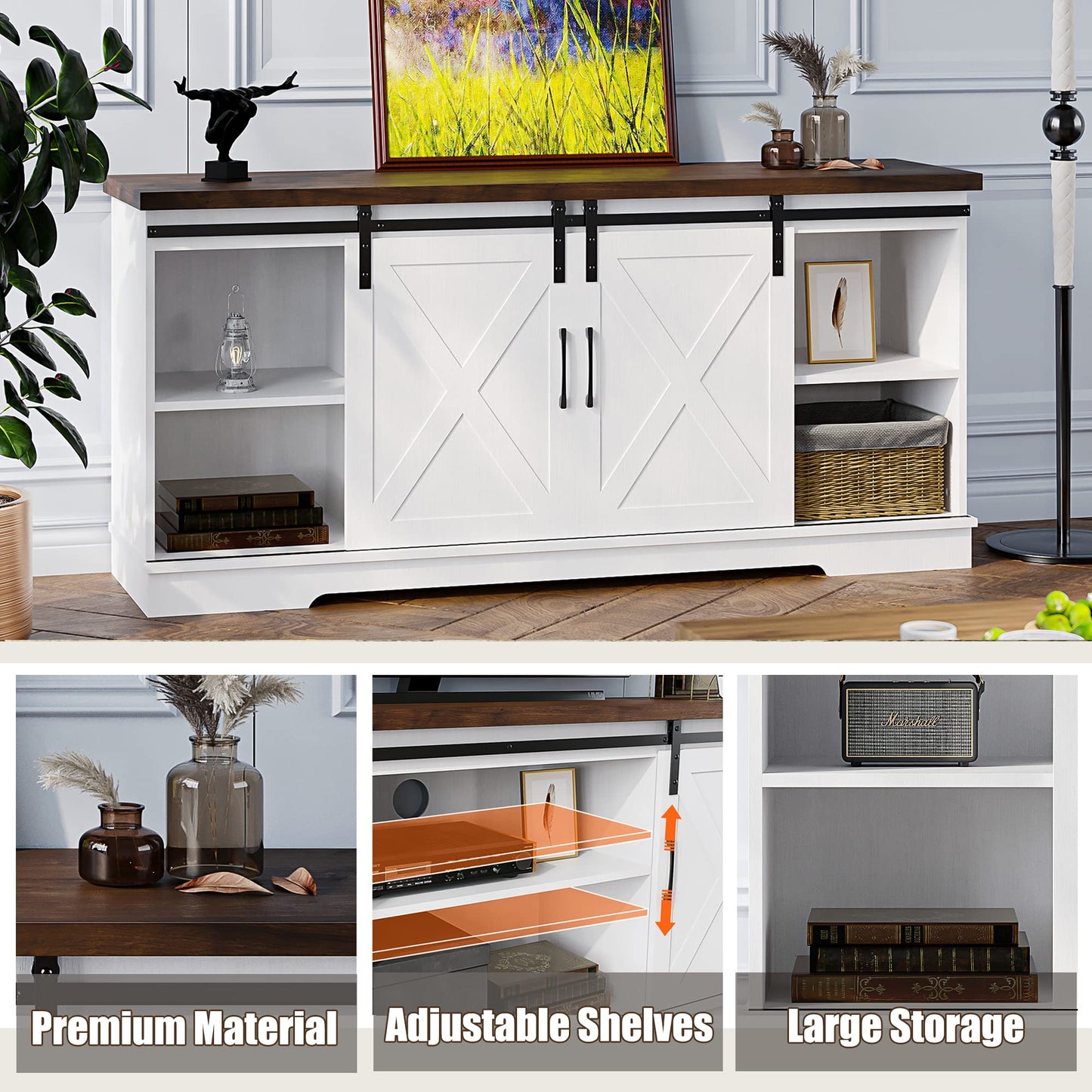 IDEALHOUSE Farmhouse TV Stand, Entertainment Center for 65 Inch TV Media Console Table, White Barn Door TV Stand with Storage and Shelves, Modern TV Console Cabinet Furniture for Living Room
