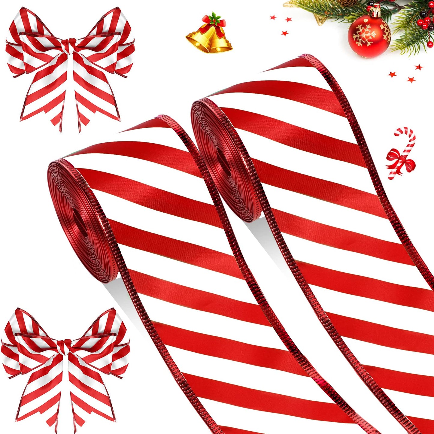Hanaive 2 Rolls Ribbons for Christmas Tree Wired Ribbon Satin Stripes Edge Wrapping for Crafts DIY Gift Party Garden Home Garland Bows Ornament Decor(1.5 Inch x 10 Yards,Red White)