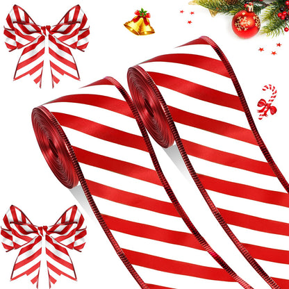 Hanaive 2 Rolls Ribbons for Christmas Tree Wired Ribbon Satin Stripes Edge Wrapping for Crafts DIY Gift Party Garden Home Garland Bows Ornament Decor(1.5 Inch x 10 Yards,Red White)