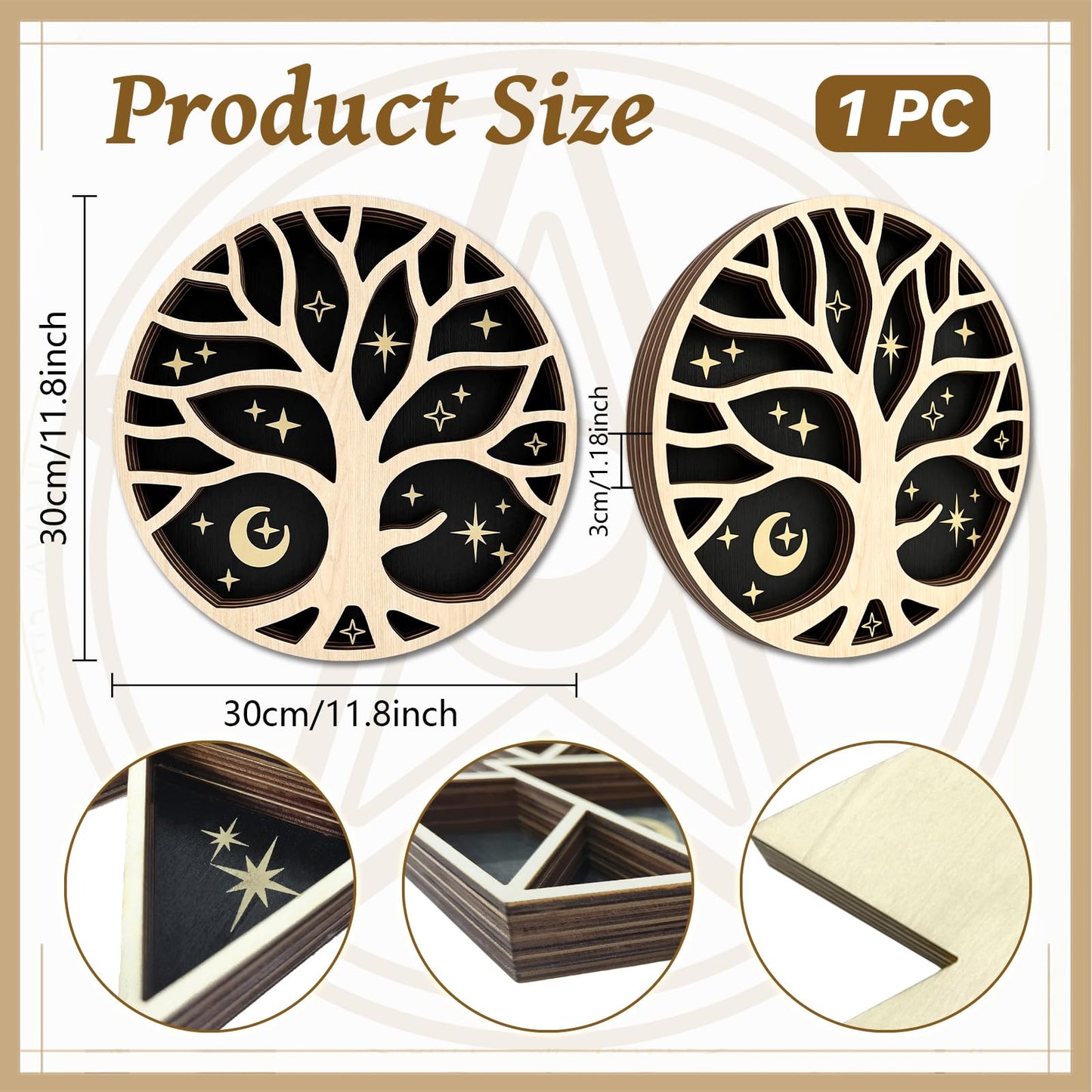 peacoblue Tree of Life Shaped Crystal Display Shelf 11.8" L× 11.8" W× 1.2" Wooden Wall Mounted Decor for Crystals, Gemstones & Trinkets for Bohemian, Witchy & Modern Interiors