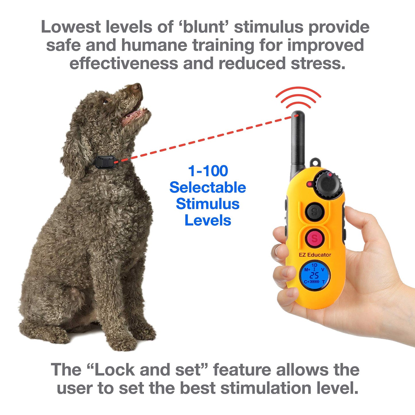 Educator EZ 1/2 Mile Dog Training Collar with Ergonomic Remote, Safe Humane Vibration Stimulation, Pavlovian Tone, Waterproof, Odorproof Biothane Collar, Night Light, Rechargeable, 2 Dog, Yellow