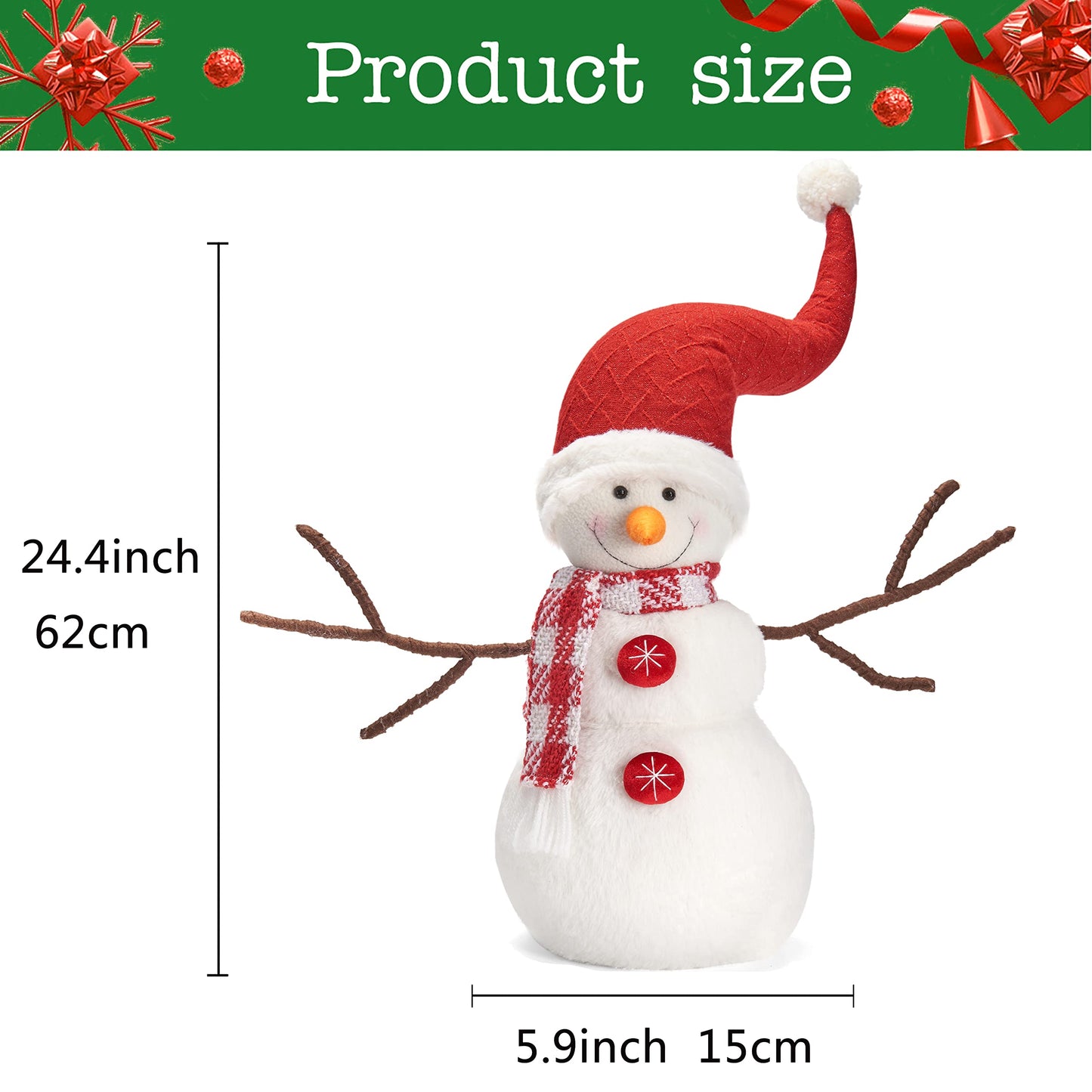 WORLDECO Snowman Christmas Decorations with Bowler Hat, Xmas Handmade Plush Ornaments for Indoor, Home and Holiday