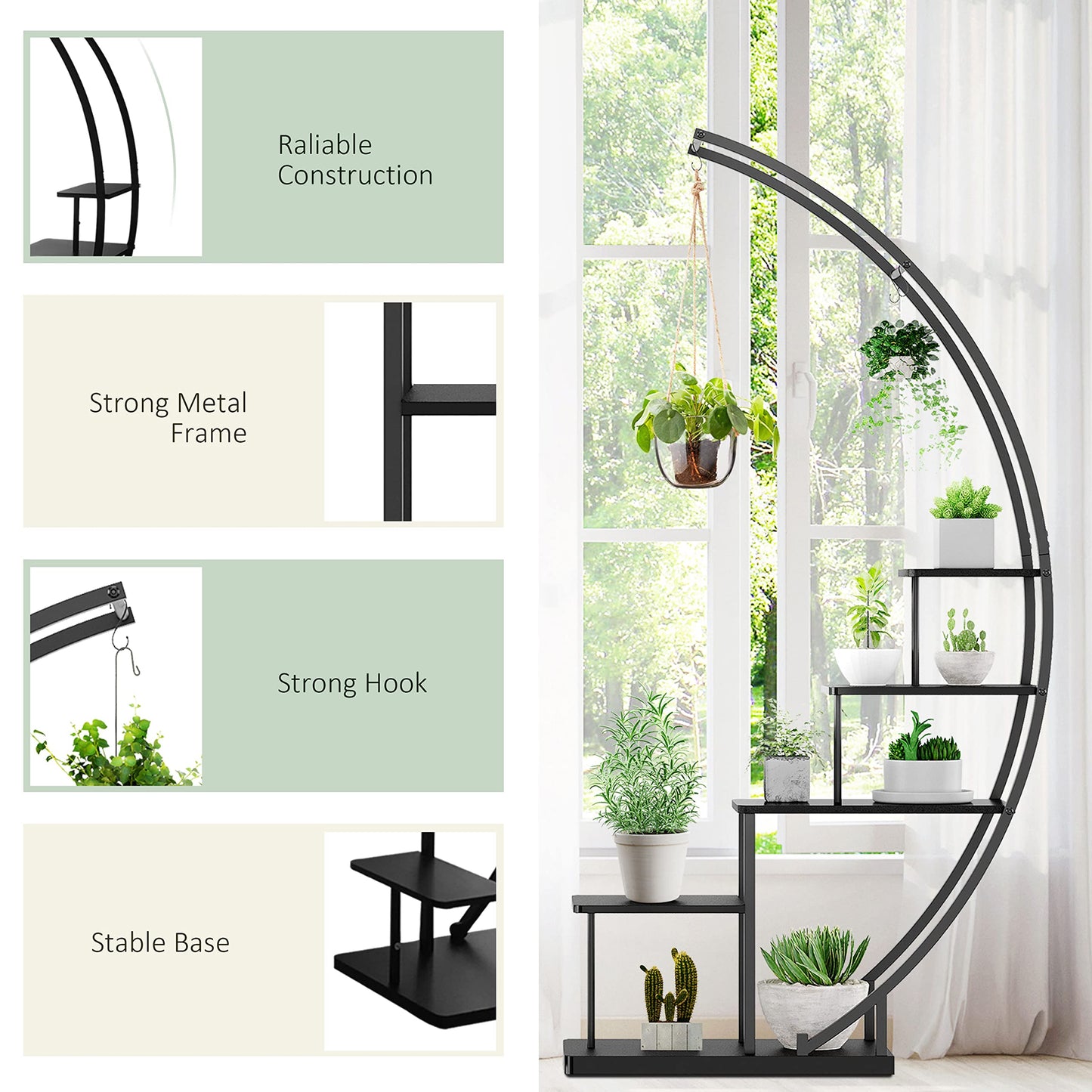 5 Tier Metal Plant Stand Indoor, 67.25“ Tall Half Moon Shape Multiple Stand Holder Shelf Planter Display, Hanging Shelf Flower Stand Ladder for Patio Garden Living Room, Black Set of 2