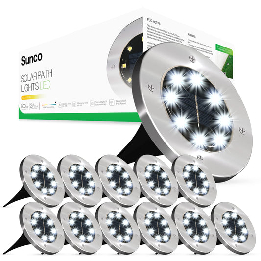 Sunco 12 Pack Solar Lights Outdoor Garden LED, Waterproof Landscape Pathway Light Fixture, Dusk to Dawn, Yard Patio Ground Lights, Deck, Cross Spike Stake, 7000K Diamond White.