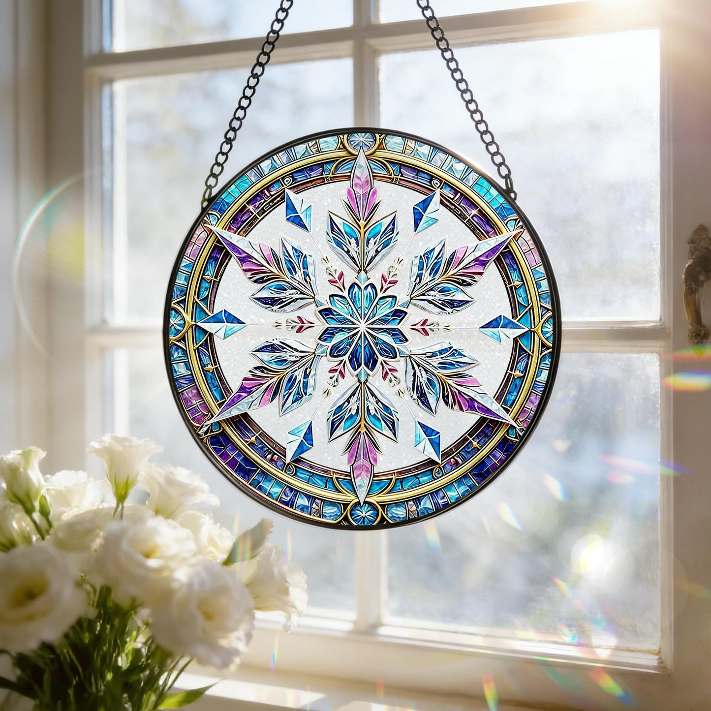 Stained Glass Window Hanging, 7.8 Inch Snowflake Stained Glass Suncatcher, Sun Catchers Indoor Window Ornament, Suncatcher for Windows Hanging, Christmas Window Decor, Winter Christmas Keepsake Gifts