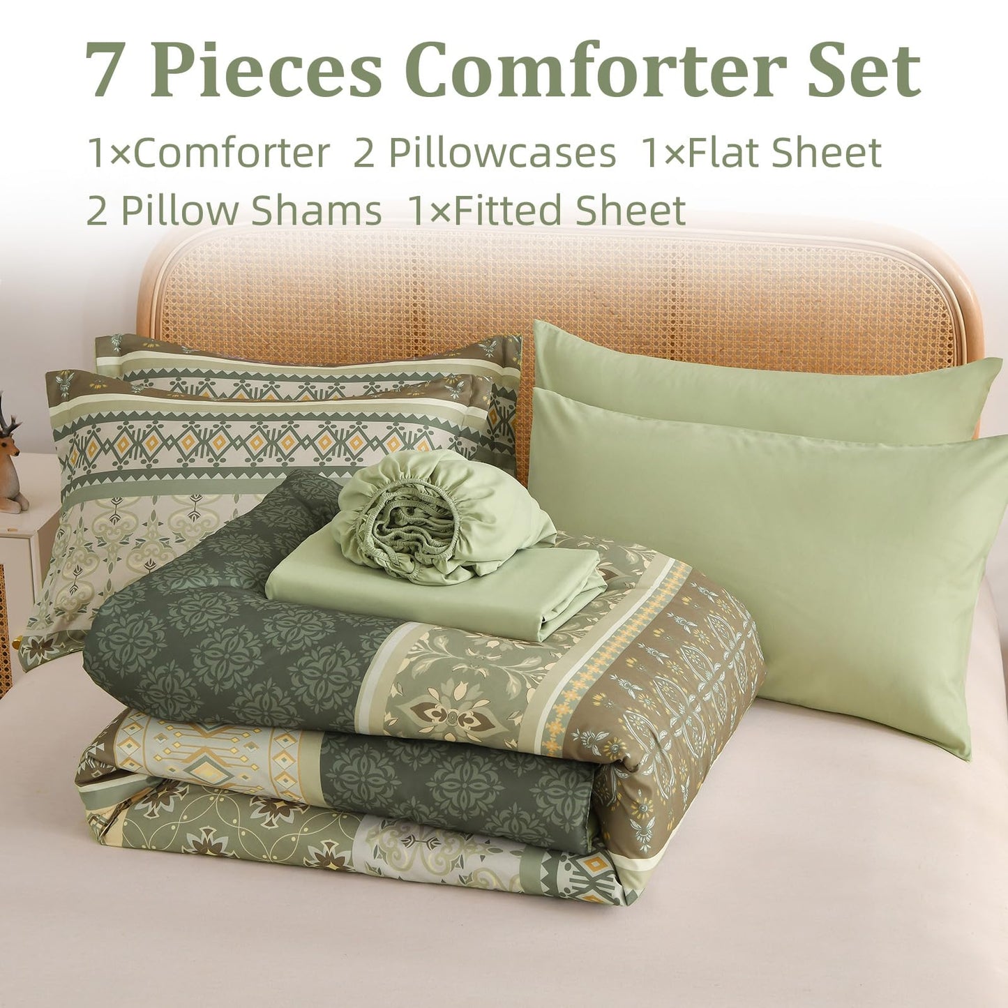 Comforter Set King Size Boho,7 Pieces Bohemian Bedding Comforter Set Striped Bed in a Bag,Grey Green Paisley Floral Comfortet and Sheet Set,Soft Green Gray Bedding Sets for Family