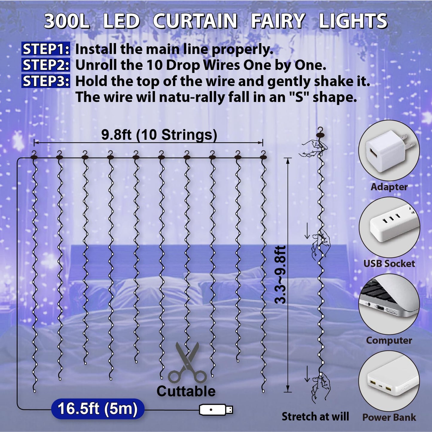 HXWEIYE 300LED Fairy Curtain Lights, 9.8x9.8Ft USB Plug-in 8 Modes Christmas String Hanging Lights with Remote for Bedroom Backdrop Wedding Indoor Wall Decor, Blue, Standard – 1 Pack