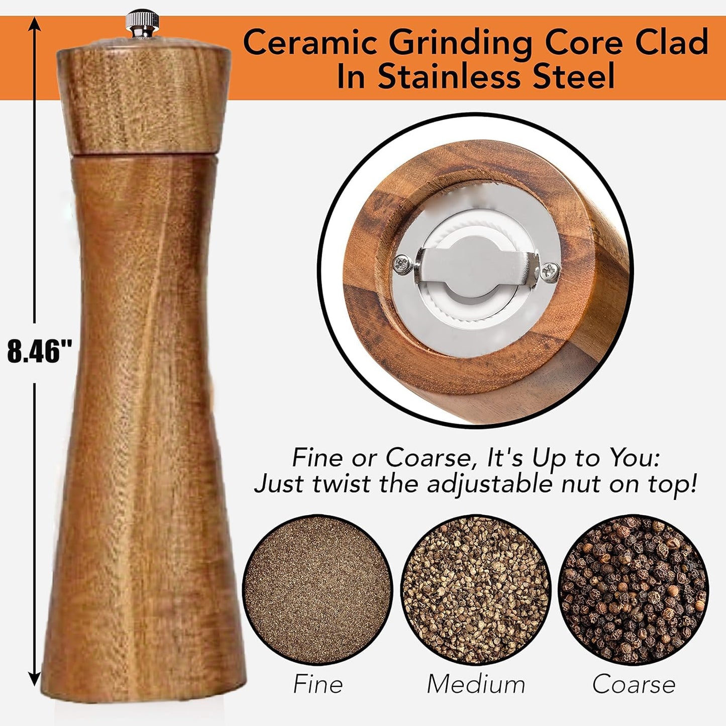 MNADSFKJ 2 Pack Acacia Wooden Salt and Pepper Grinder Set Refillable Salt and Pepper Mills Adjustable Coarseness, Acacia Wood with Ceramic Core Peppercorn Shaker Tableware Birthday Gifts