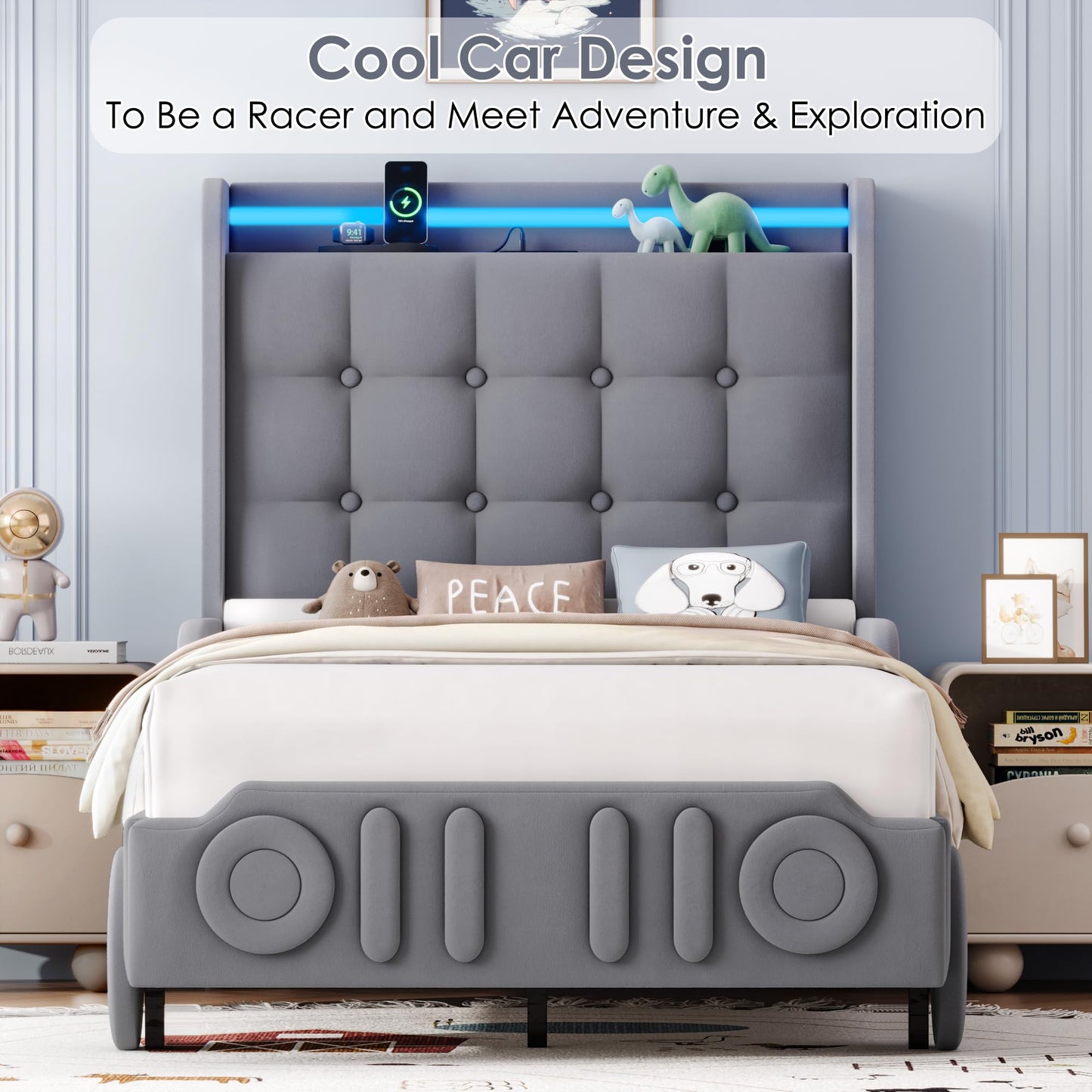 Keyluv Twin Car Bed Frame with LED Lights and Charging Station, Upholstered Platform Bed with Button Tufted Headboard and Wheels, No Box Spring Needed, Noise-Free, Easy Assembly, Velvet Grey