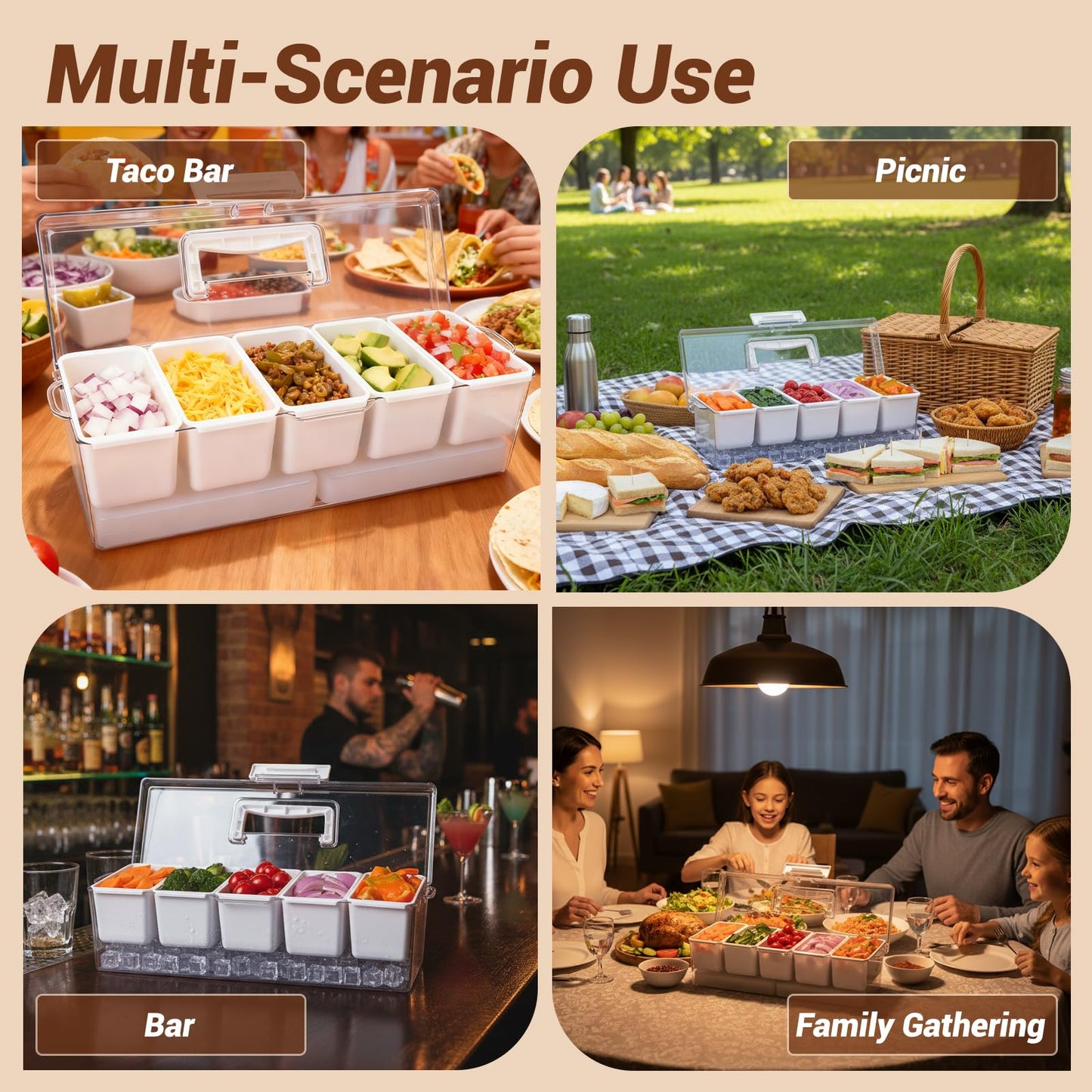 Mavolico Chilled Condiment Containers with Lid & Handle, 5-Compartment Serving Platters with 2 Ice Packs to Keep Fruits, Salads, Dips & Sauces Fresh for BBQs, Picnics, Camping and Parties