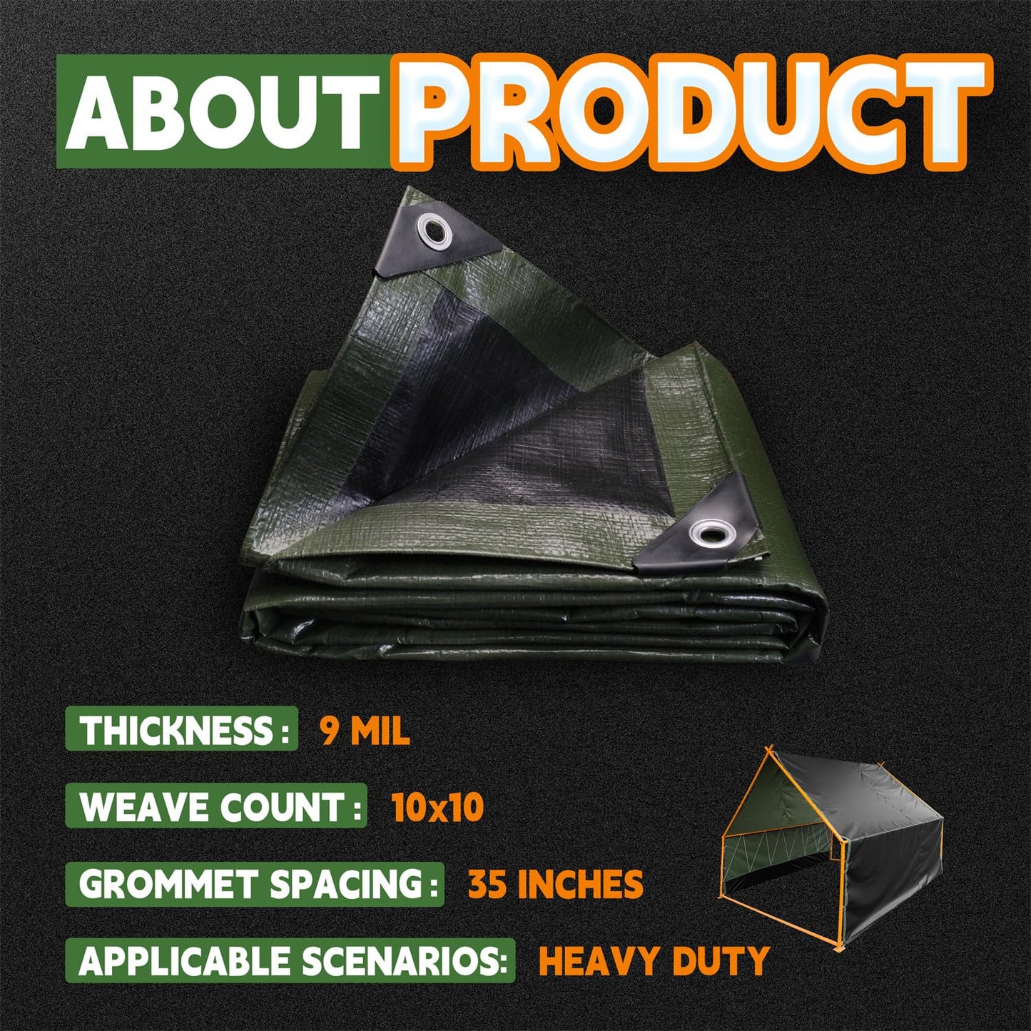 RAINDEWAY Tarps 30x40 Feet,Large Tarp Waterproof,9Mil Thick Finished Size, Multipurpose Poly Tarp Cover with Metal Grommets and Reinforced Edges,Green/Black Tarpaulin