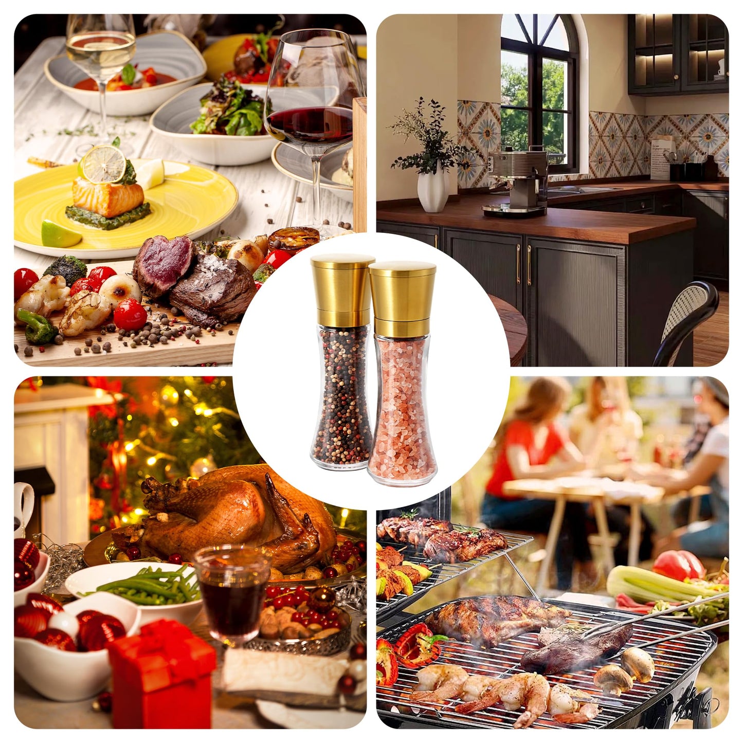VEVOK CHEF Gold Salt and Pepper Grinder Mill Set Stainless Steel Pepper Shaker Adjustable Ceramic Coarseness Salt Grinder Black Pepper Spice Grinder Mill