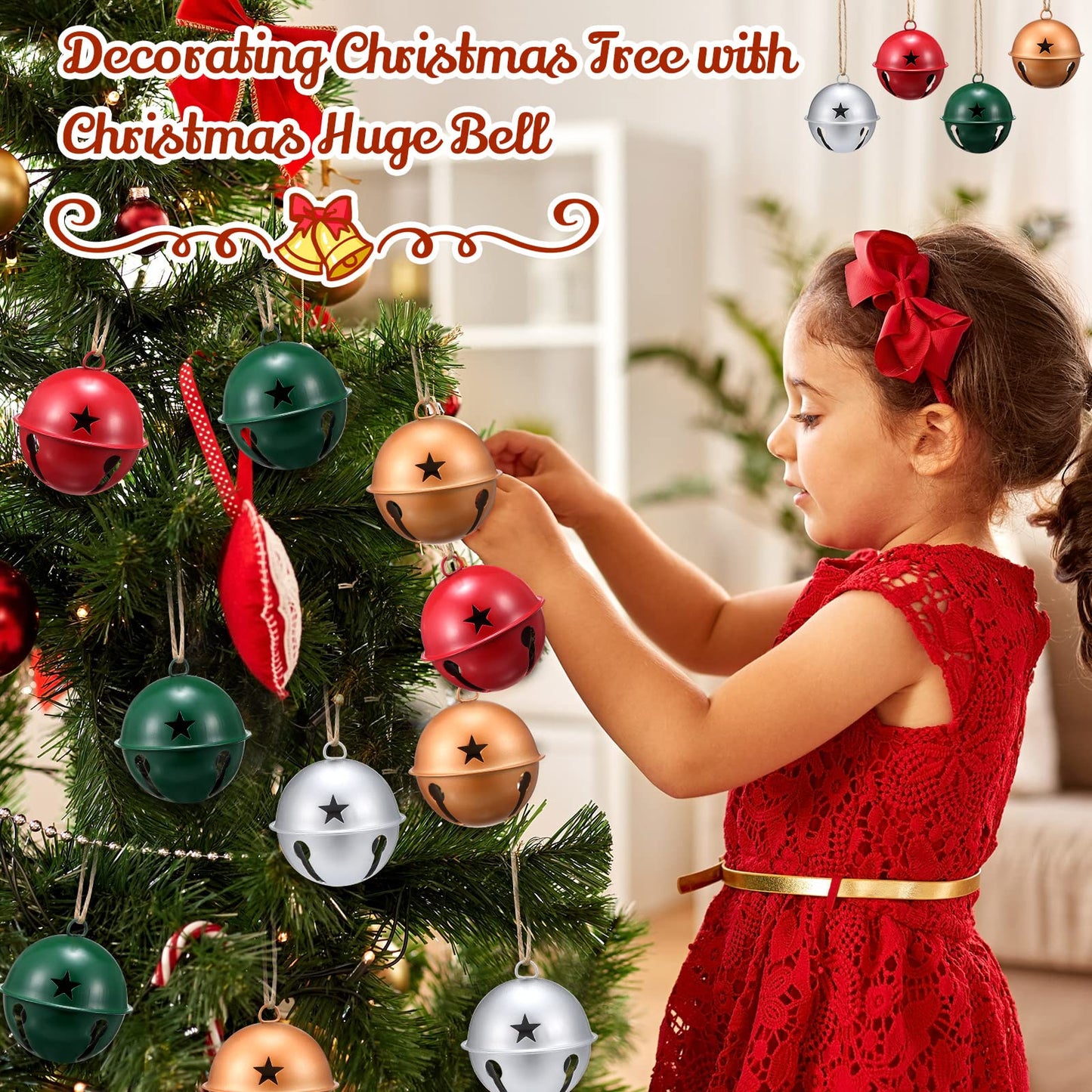 Zubebe Christmas Bells Jingle Bells Large 2.5 Inch Star Cutout Ornament for Crafts Christmas Tree Decor Gift Wrapping(Matte Red, Green, Gold, Silver,12 Pcs)