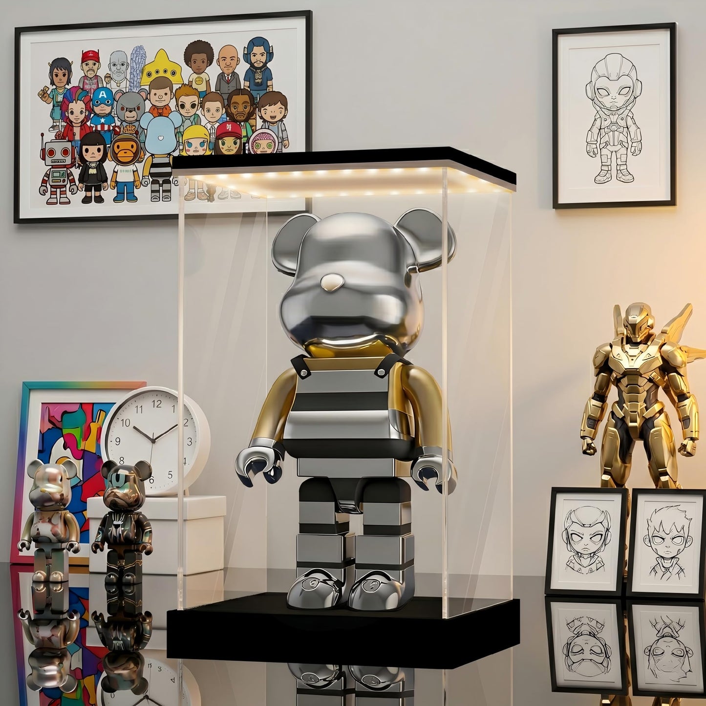 LANSCOERY Acrylic Display Case with Light, 9.8x9.8x13.8 in LED Display Case with 15mm Raised Base, 3mm Clear Panels, 3-Color Dimmable Lighting for Collectibles and Action Figures