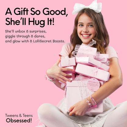 HAPPY LOLLI Pink LolliBox Gift Set for Tween & Teen Girls Ages 8–15, Birthday Gift Box, Ready-to-Gift Surprise Box with 8 Individually Wrapped Gifts & Empowering Challenges