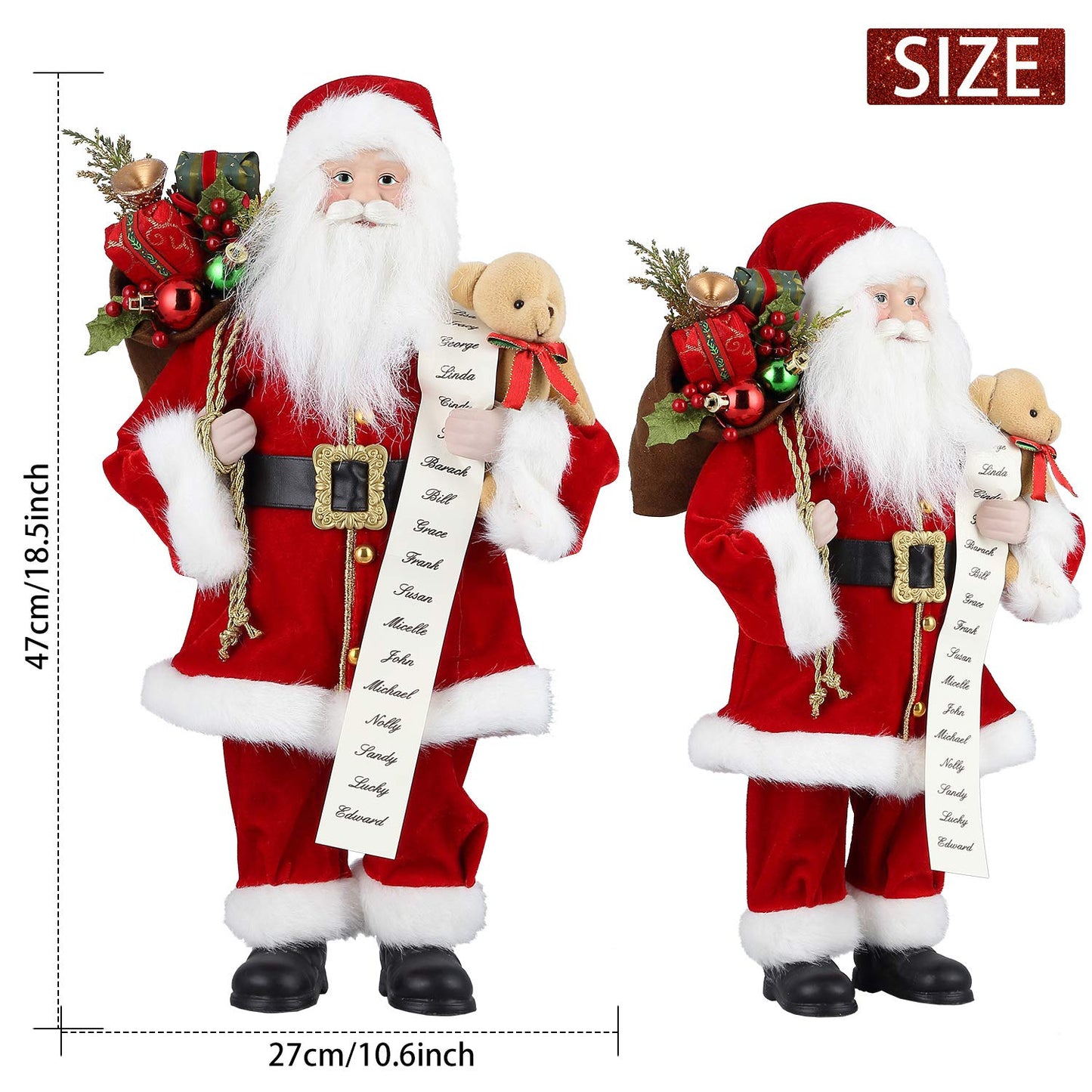AGM 18" Santa Claus, Christmas Figurine Figure Decor with Good and Bad List and Bear and Gifts Bag for Holiday Party Home Decoration