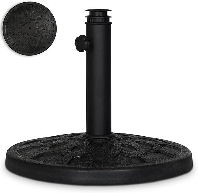 Backyard Expressions 20 lb Round Patio Umbrella Base – Heavy Duty Resin-Coated Calcium Carbonate Stand with Adjustable Pole Adapters Fits 1.5"–2" Poles, Weather-Resistant, Black Finish