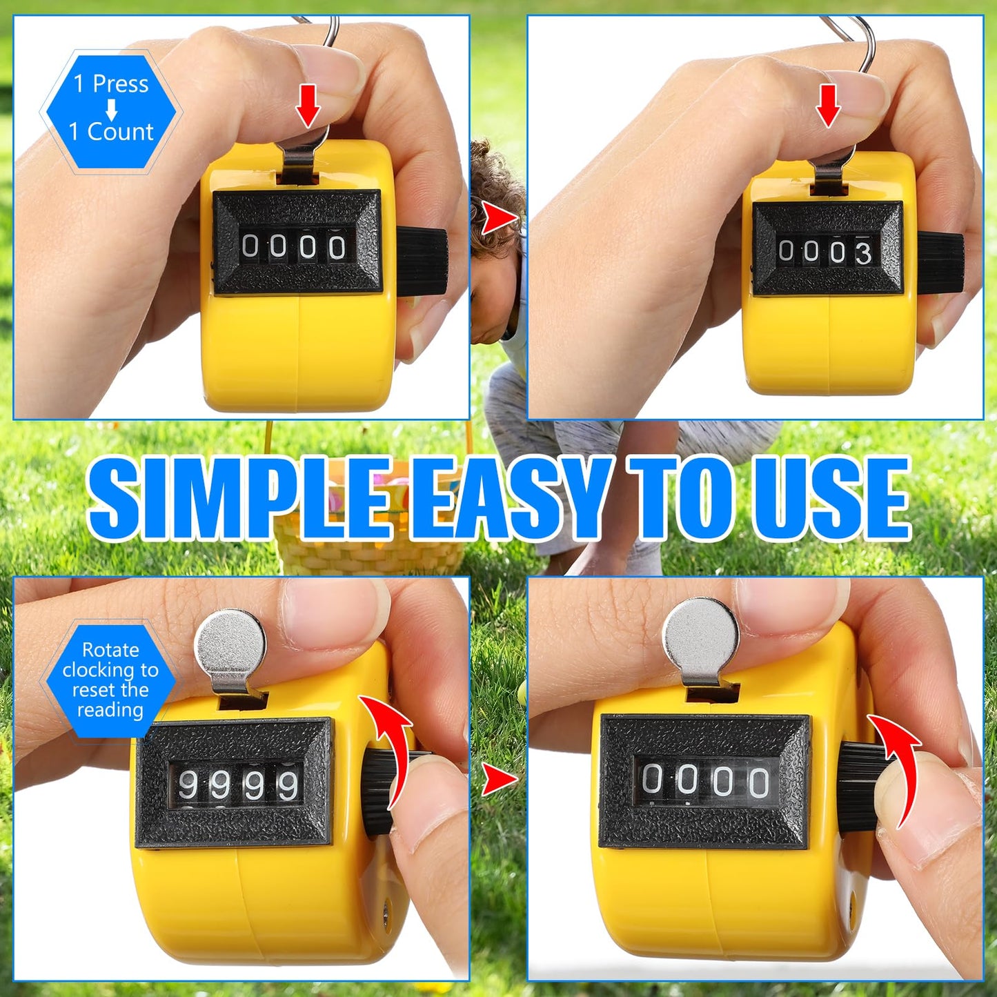TOODOO 6 Pack Hand Tally Counter 4 Digit Mechanical Palm Clicker Plastic Hand Held Counter Clicker with Metal Finger Ring for School Golf Sports Events Office Stadium(Yellow)
