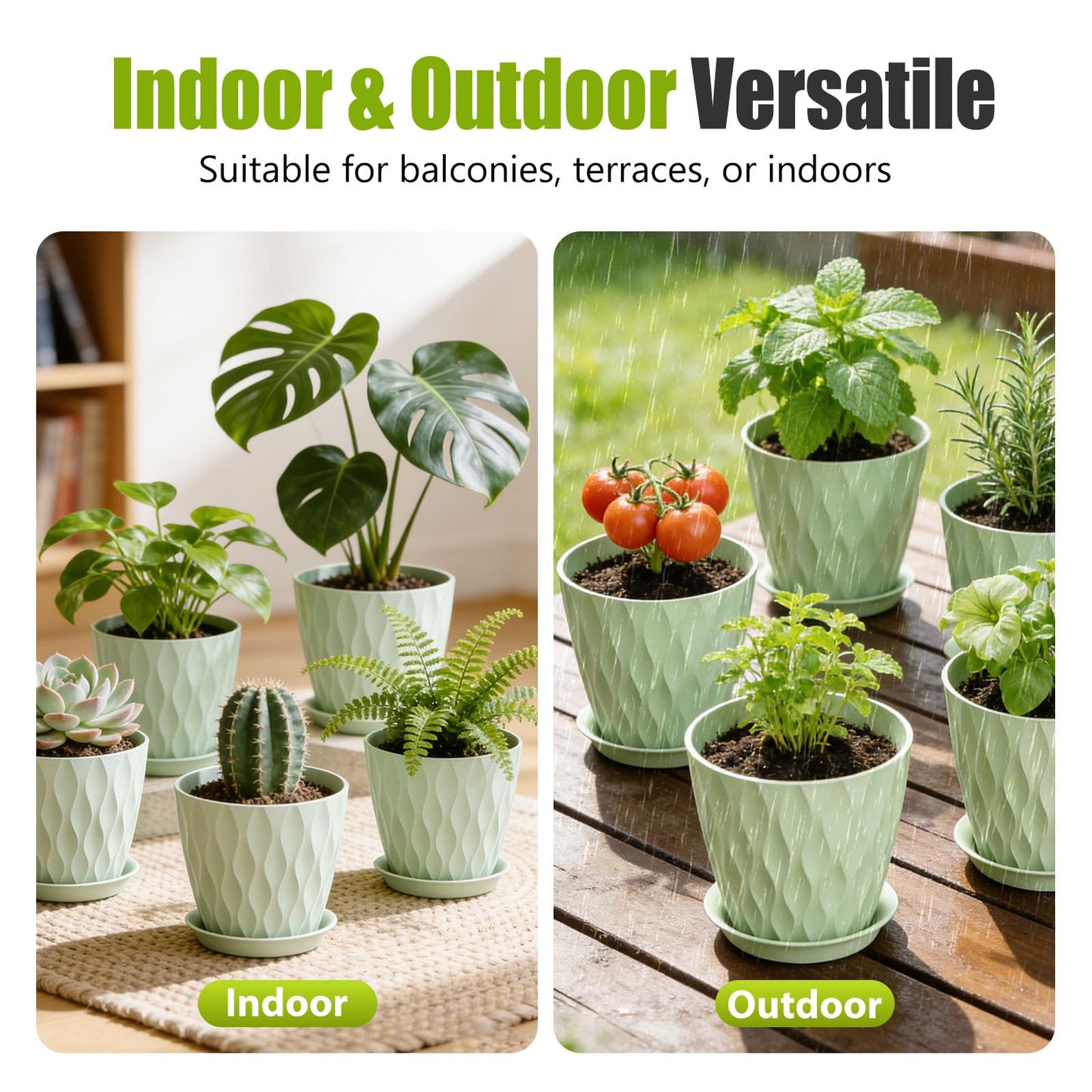 SQKH 8 Inch Plastic Plant Pots,Set of 5 Flower Pots,Planters with Drainage Holes & Saucers, Indoor Outdoor Garden Pots for Home Decor(Green)