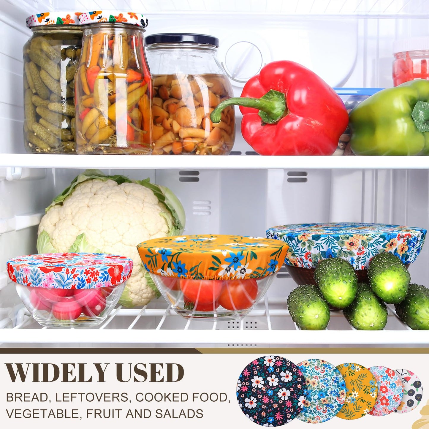 10 Pack Cloth Bowl Covers for Bread Rising - 5 Size Stretch Elastic Food Storage Container Lids - Reusable Fabric Covers for Food, Fruits, Leftovers (Flower)