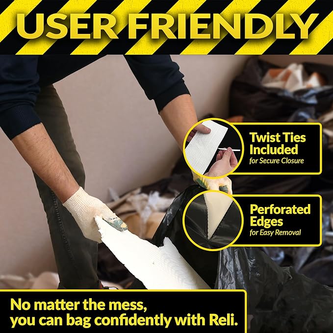 Reli. Contractor Garbage Bags 55 Gallon | 40 Trash Bags | Heavy Duty | Black