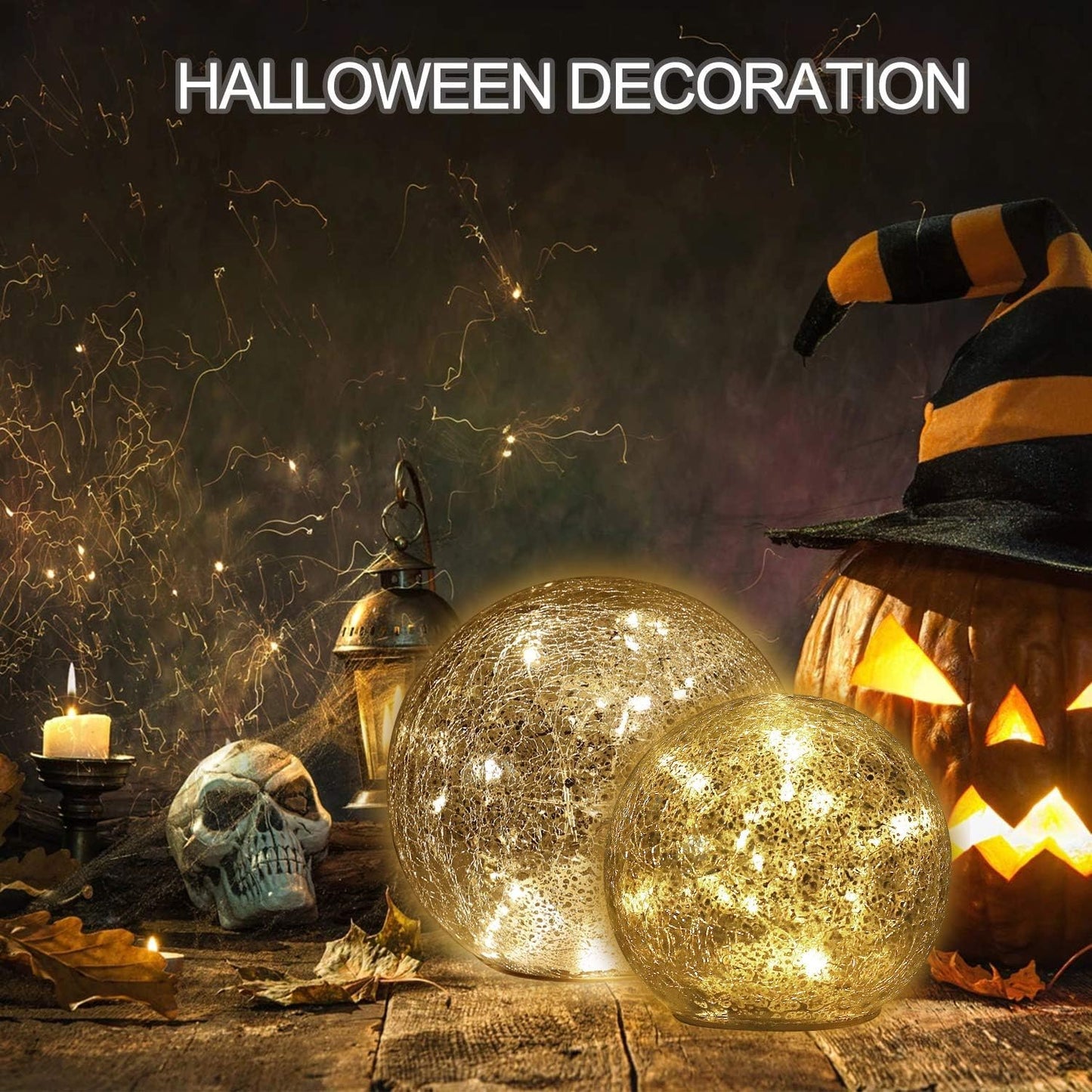 Mercury Crackle LED Glass Globe Ball Lamp with Timer, Battery Operated Night Light for Girls, Birthday, Halloween,Christmas - Decorative Gift for Home Warm White (with Timer)