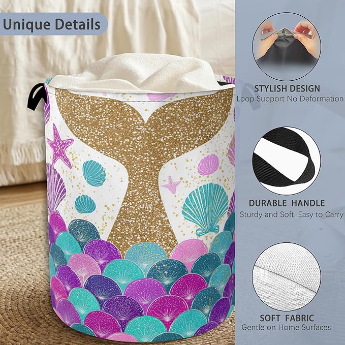 Fish Scales Laundry Basket, Mermaids Seashell Foldable Oxford Cloth Tote Bag