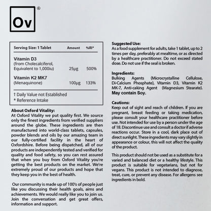 Vitamin D3 and K2 | Bone Support Supplement | Vitamin D 1000iu & Vitamin K2 MK-7 100mcg | Easy to Swallow Tablets | GMO Free by Oxford Vitality