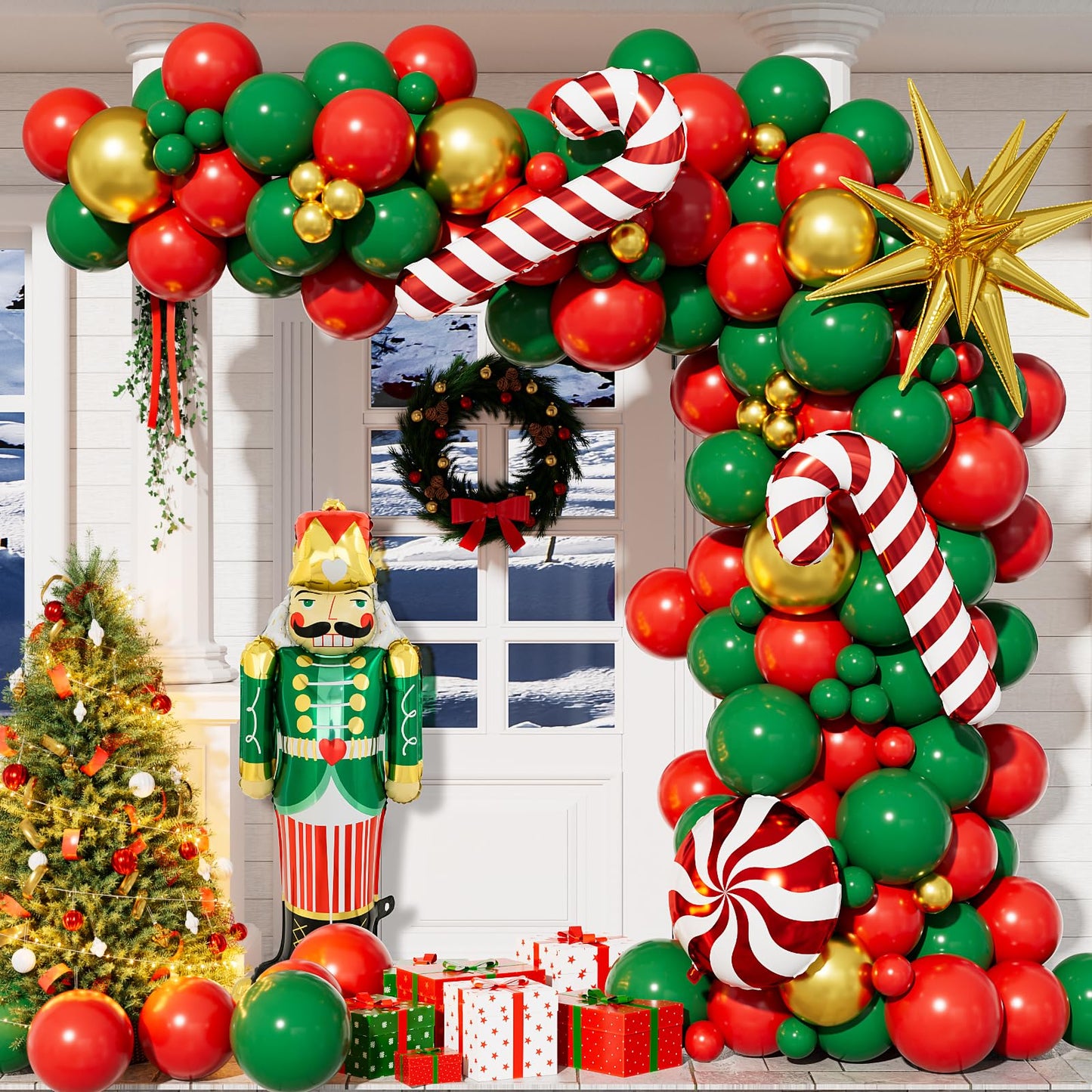 Adeyoo Christmas Balloon Arch Kit Garland - Red Green Gold Christma Balloons with Nutcracker Candy Cane Exploding Star Foil Balloons Xmas Balloon for Xmas Birthday New Year Party Decorations