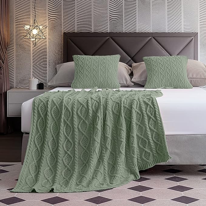 Homiest Cable Knit Throw Blanket and Pillow Set, Sage Green Set of 3, Knitted