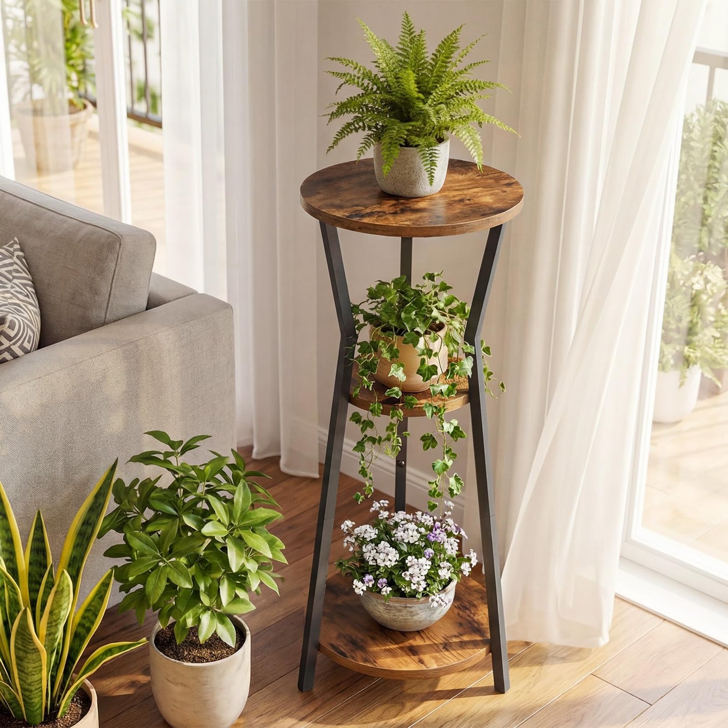 MAHANCRIS Plant Stand Indoor, 3 Tier Round Corner Plant Stand Indoor, Round Plant Holder Rack, 35" Tall Plant Shelf for Living Room, Balcony, Patio, Rustic Brown and Black PSHR0401