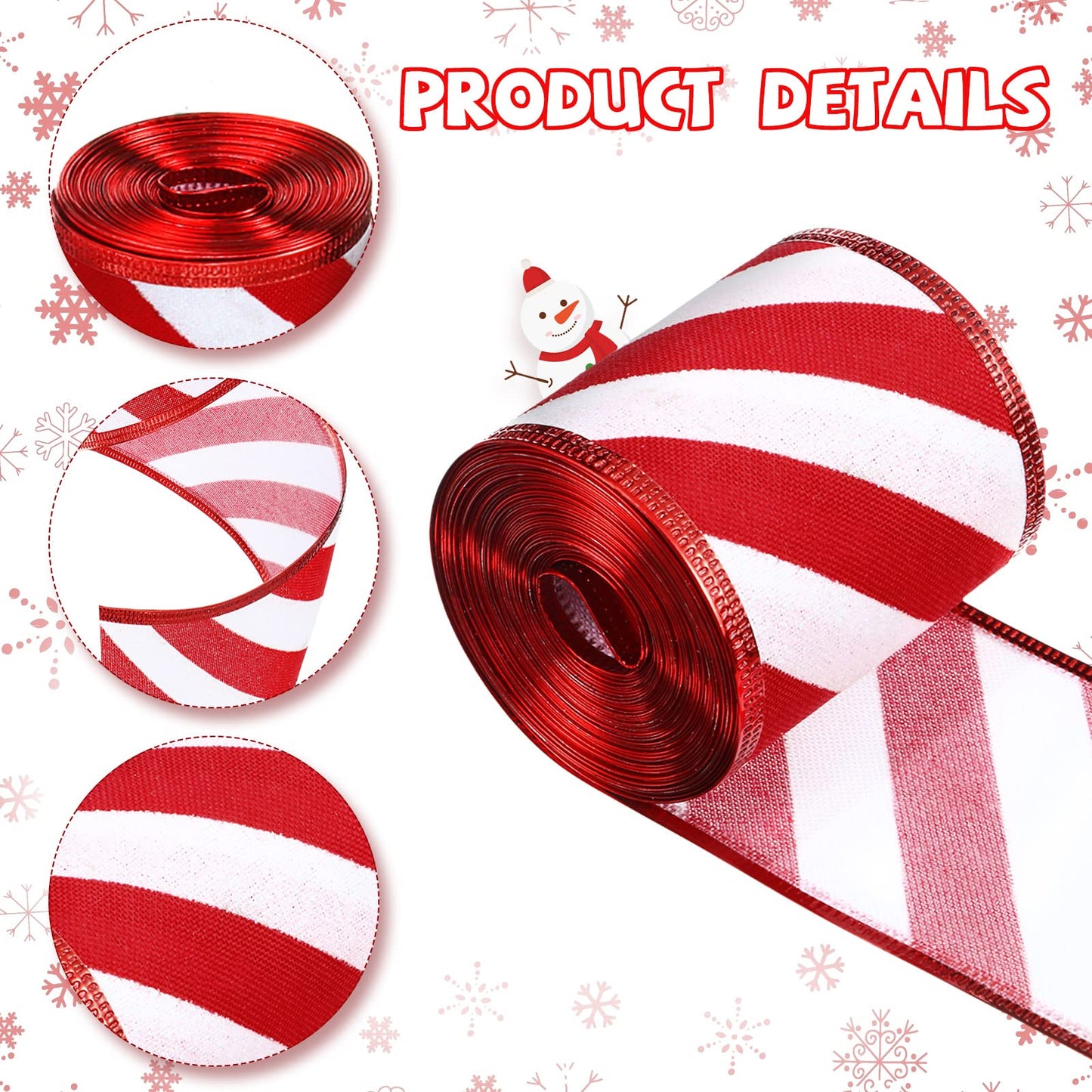 2 Rolls 2.5 Inch x 6 Yards Christmas Red and White Ribbon Christmas Candy Cane Wired Edge Ribbons DIY Craft for Xmas Tree Decorations Wreath Bows Making Gift Wrapping(Diagonal Stripes)