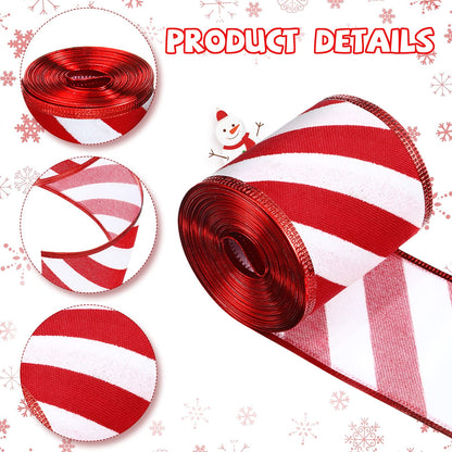 2 Rolls 2.5 Inch x 6 Yards Christmas Red and White Ribbon Christmas Candy Cane Wired Edge Ribbons DIY Craft for Xmas Tree Decorations Wreath Bows Making Gift Wrapping(Diagonal Stripes)