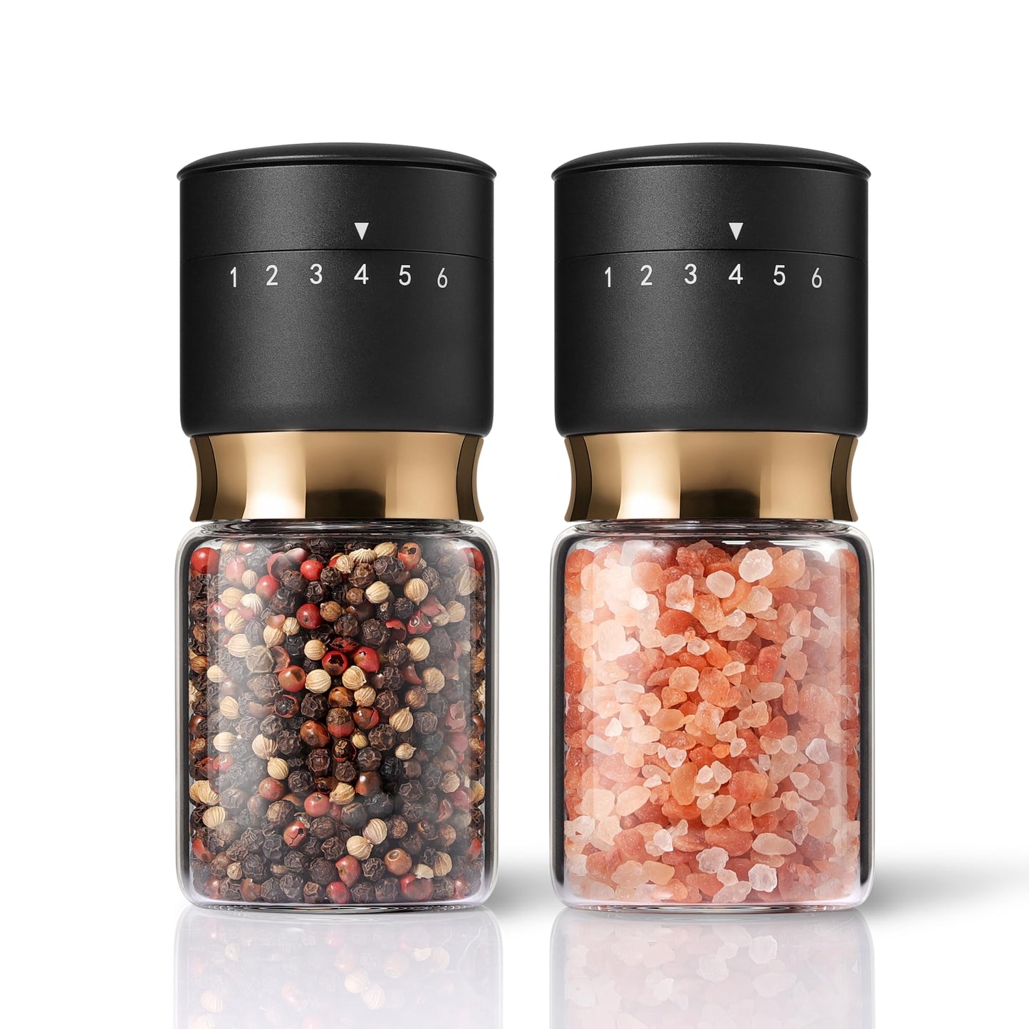 Gold Salt and Pepper Grinder Set with External Adjustable Coarseness Stainless Steel Sea Salt & Pepper Mill Set Ceramic Core Spice Grinder Refillable Glass Black and Gold Shaker Kitchen Accessories