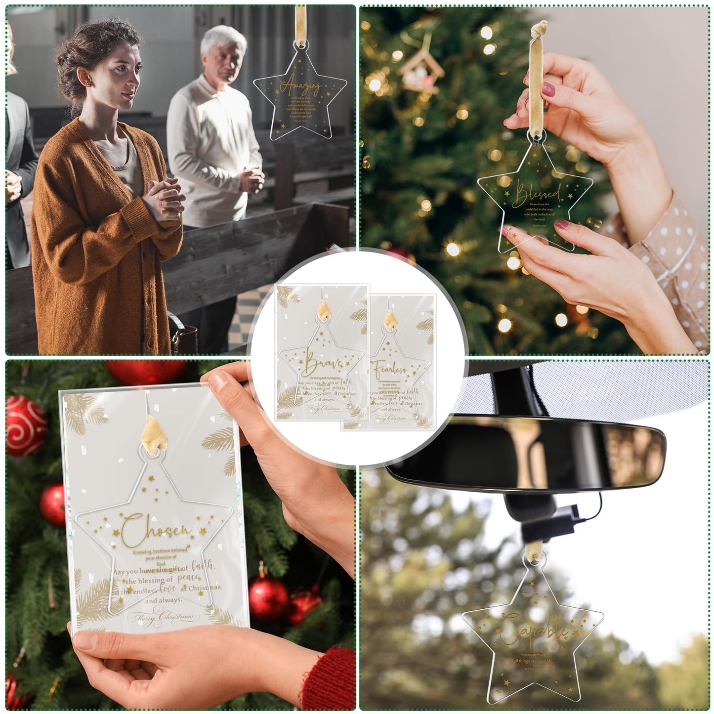 Roowest 36 Sets Religious Christmas Ornaments Bulk Christmas Christian Gifts Acrylic Star Christian Ornaments for Xmas Tree Card Bag Bible Verse Faith Based Hanging Sign Church Home Decorations