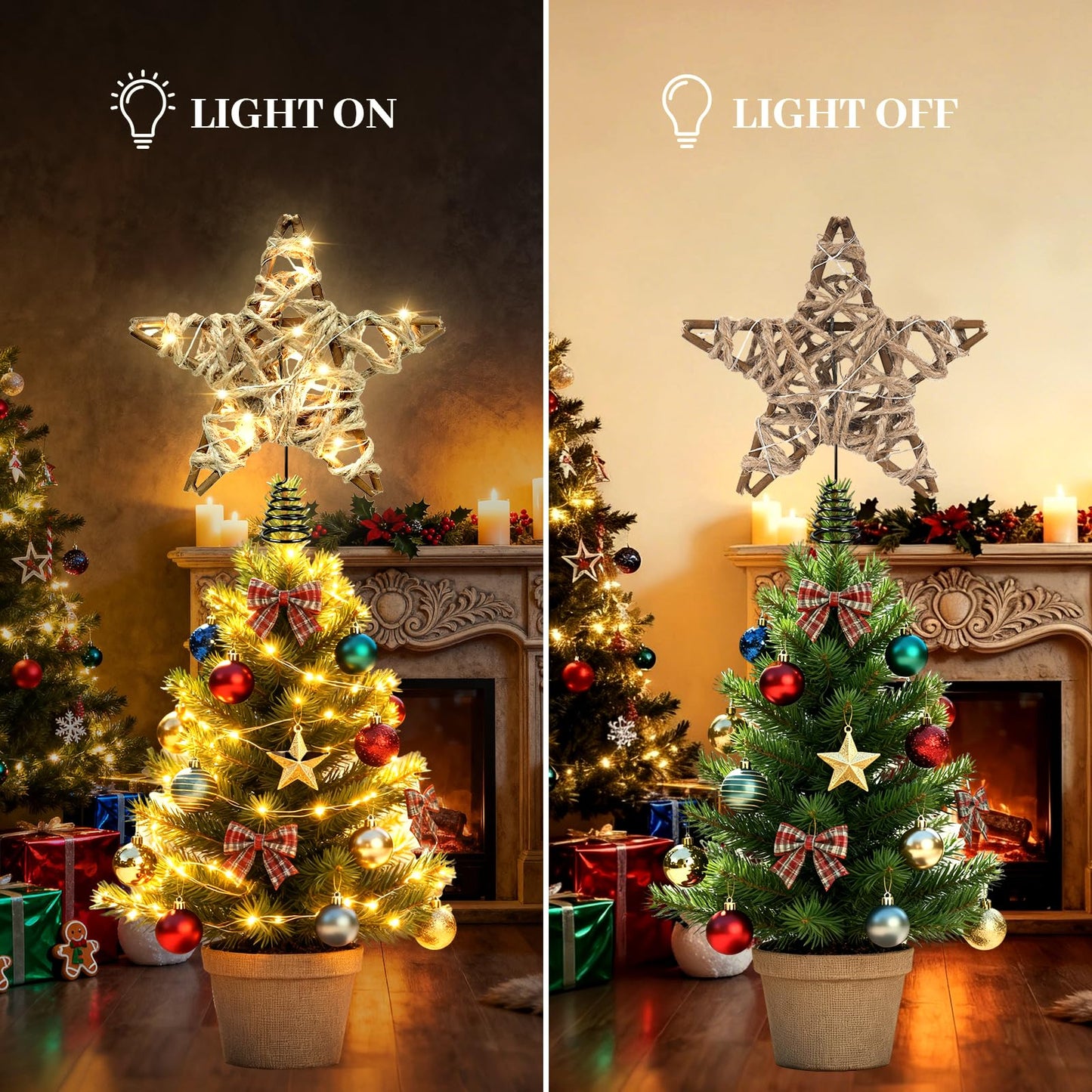 LAWOHO Christmas Tree Topper Retro Woven Star with Lights, Farmhouse Christmas Decor, Mini Rustic 6 Inch Star with 6H Timer, Light Up Christmas Tree Decorations, for Xmas Tree, Holiday, Party