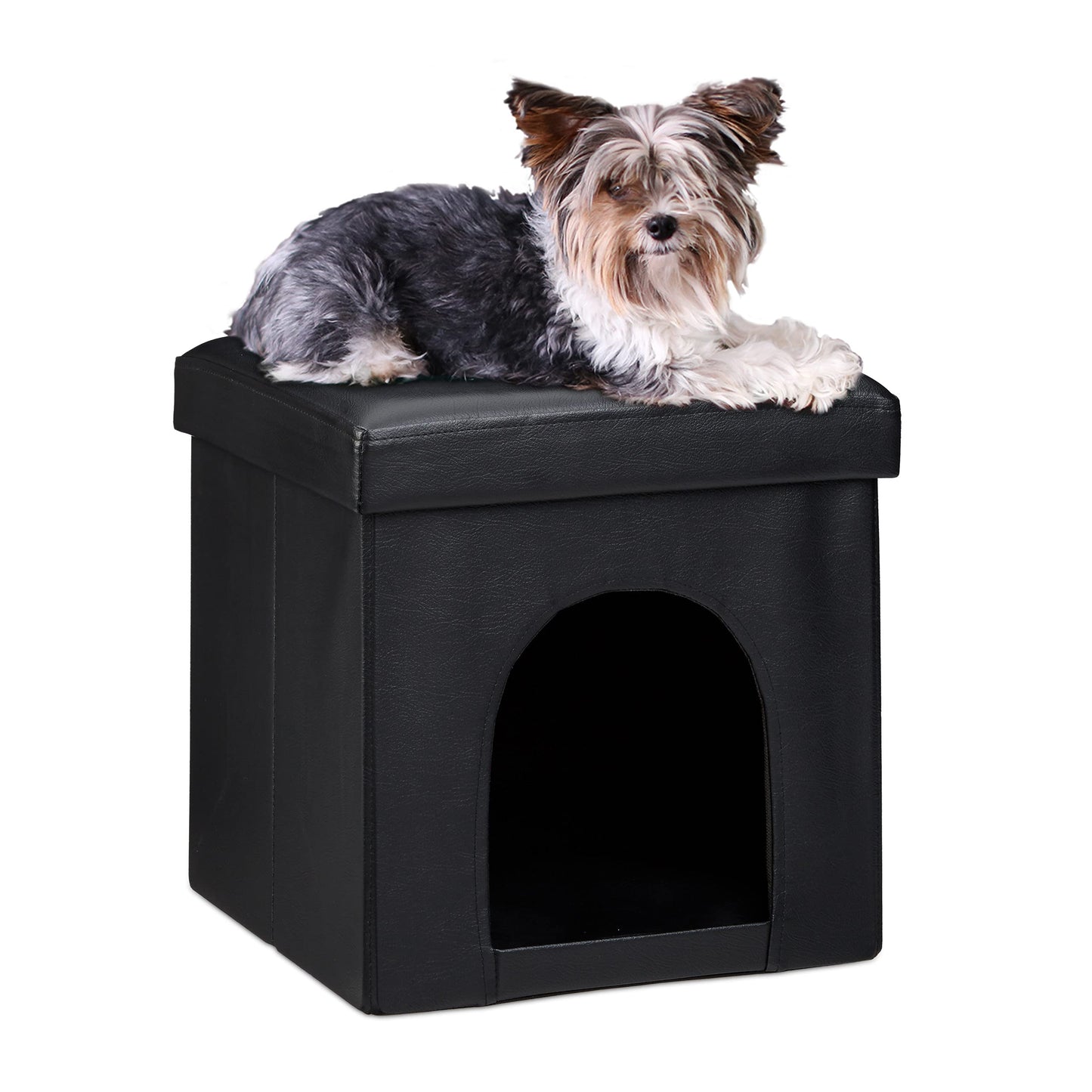Dog House Ottoman, 38 x 38 x 38 cm, Seat Box with Practical Hole for Pets, Faux Leather, Removable Lid, Black