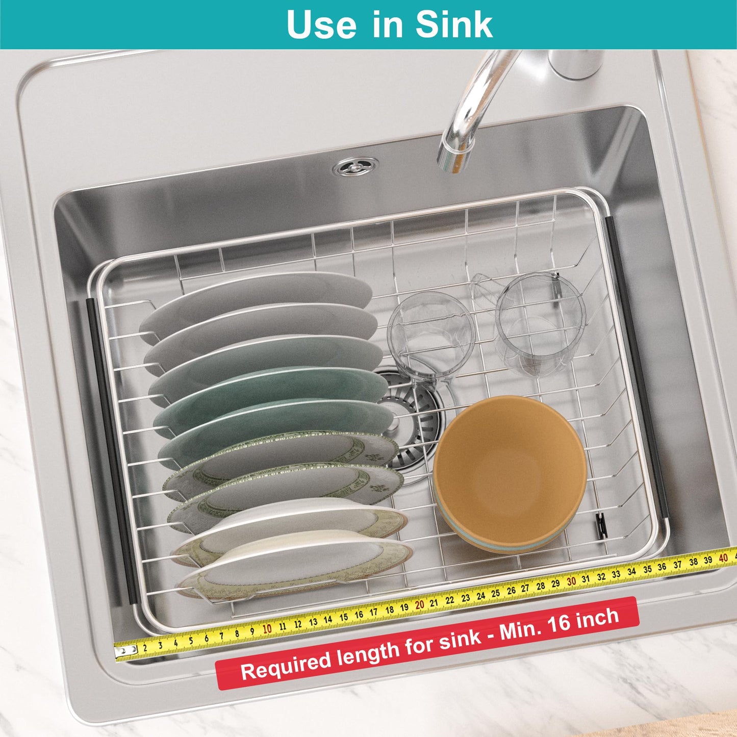 iPEGTOP Expandable Deep & Large Dish Drying Rack, Over The Sink, in Sink Or On Counter Dish Drainer Basket Shelf with Removable Grey Utensil Silverware Holder, Rustproof Stainless Steel