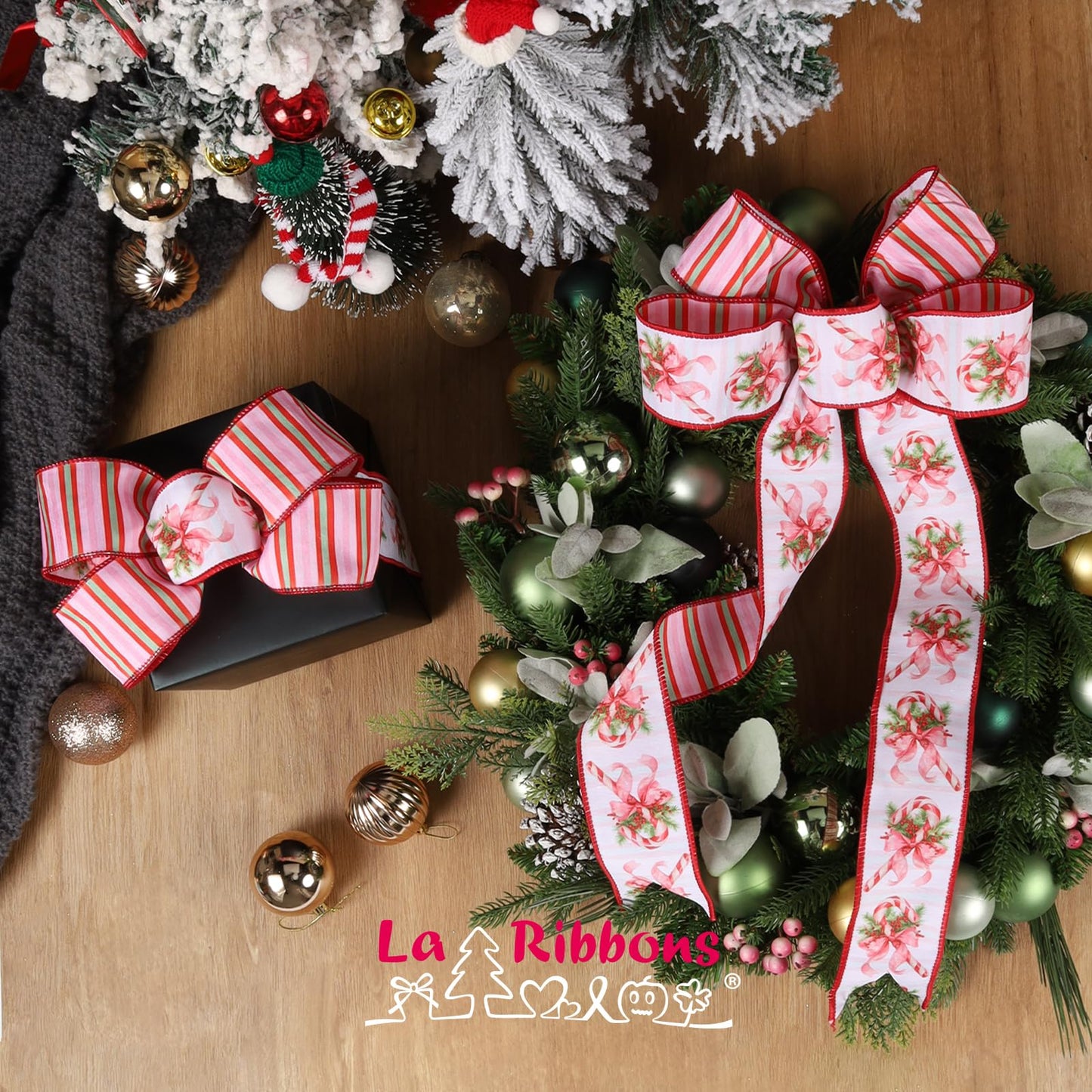 LaRibbons Christmas Ribbon Wired 2.5 Inch x 10 Yards, Candy Cane Ribbon with Pink Bow, Double Sided Christmas Tree Ribbon for Wreaths, Bows, Gift Wrapping, Holiday Decorations