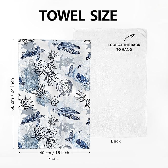 Blue Nautical Seahorse Corals Sea Turtle Kitchen Dish Towels Decorative Set of 4